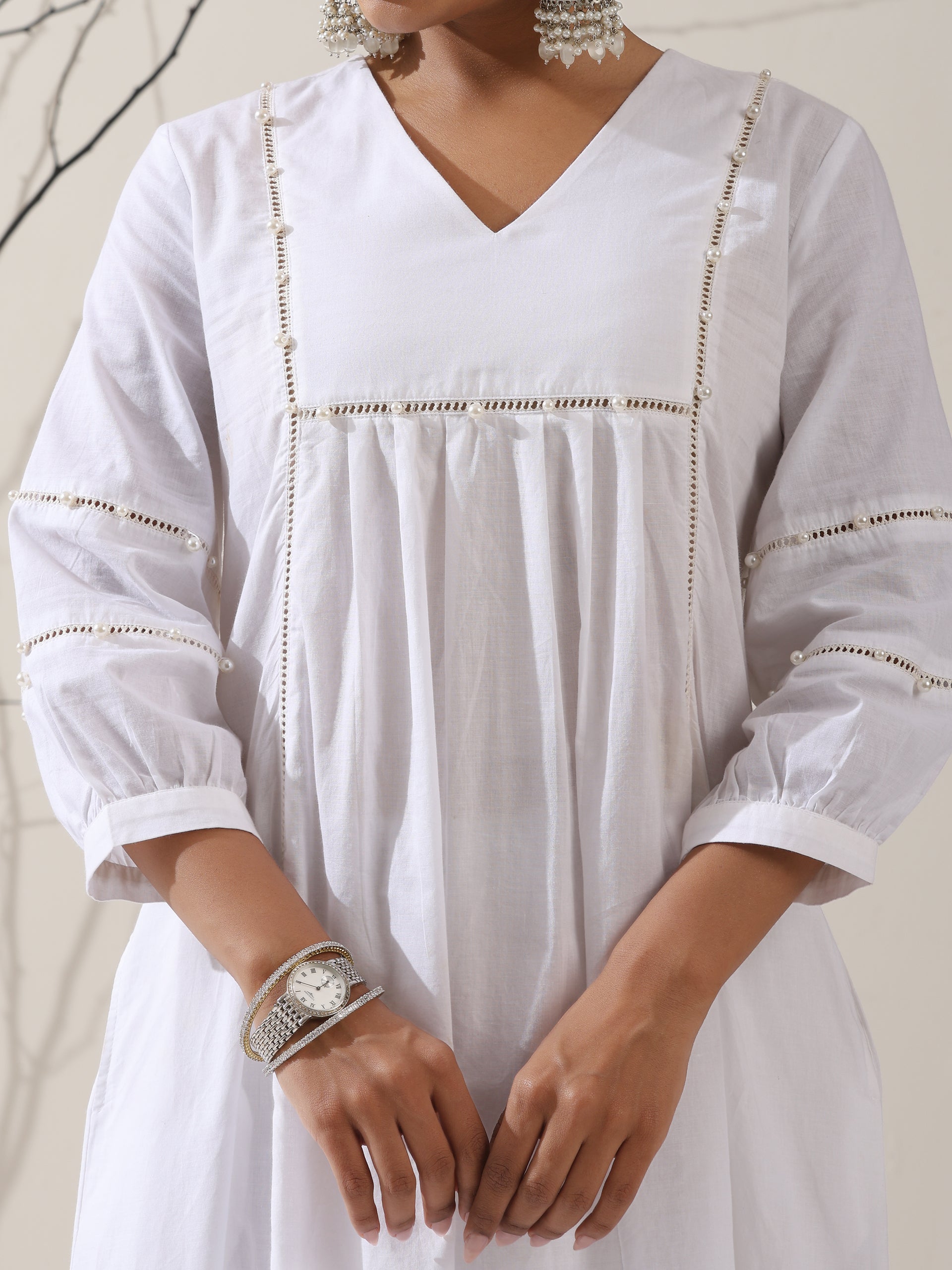 2-Piece White Cotton Bib Kurta Set for Women – Pearl Embellished Detailing with Matching Pants | Elegant Ethnic Co-ord
