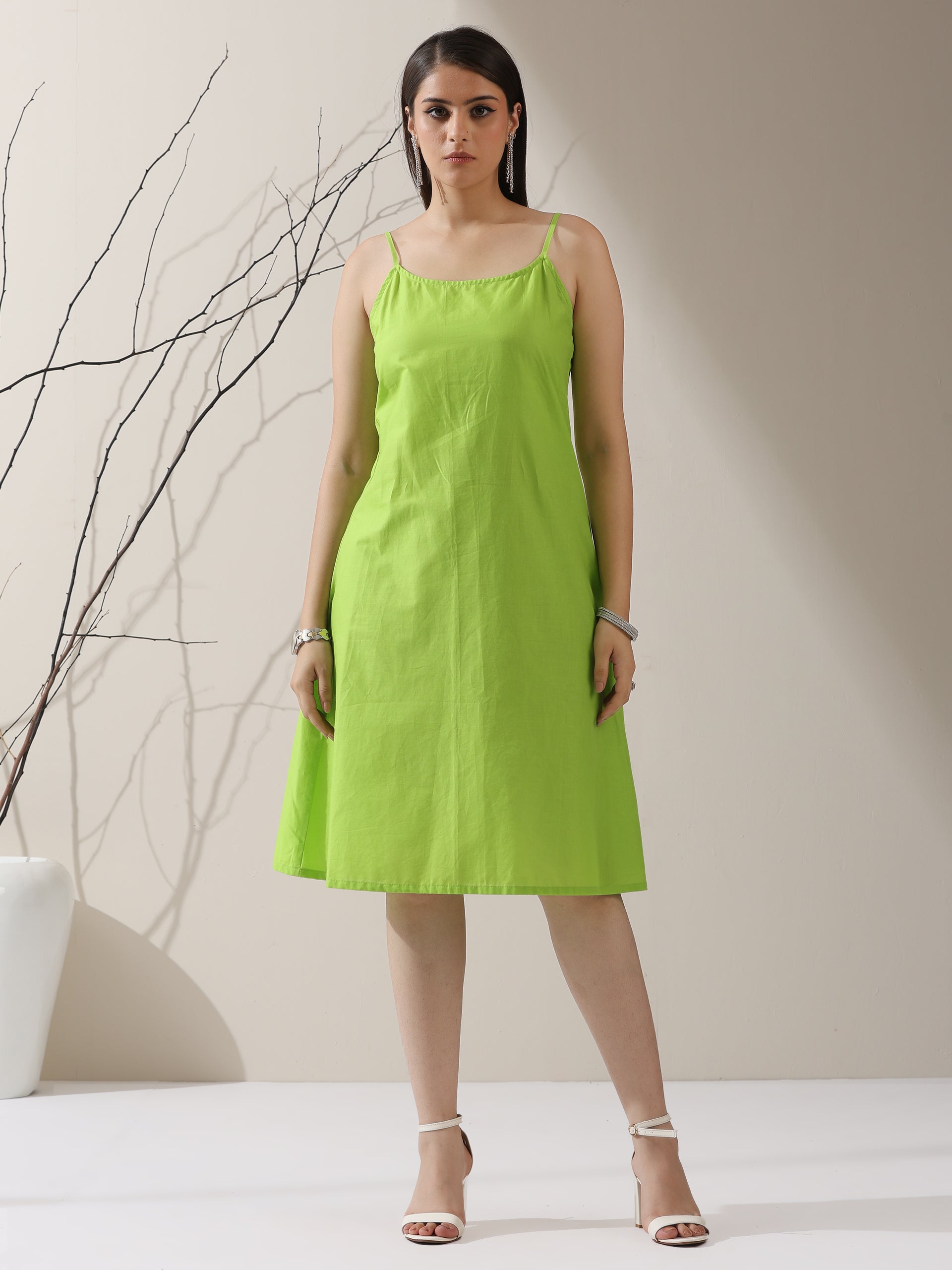 Women’s Green Dress Set with Embroidered Net Overlay | 2 Pc Set, Knee-Length, Flared Sleeves, Brunch Wear, Casual, Summer Dress (100% Cotton & Net Fabric)