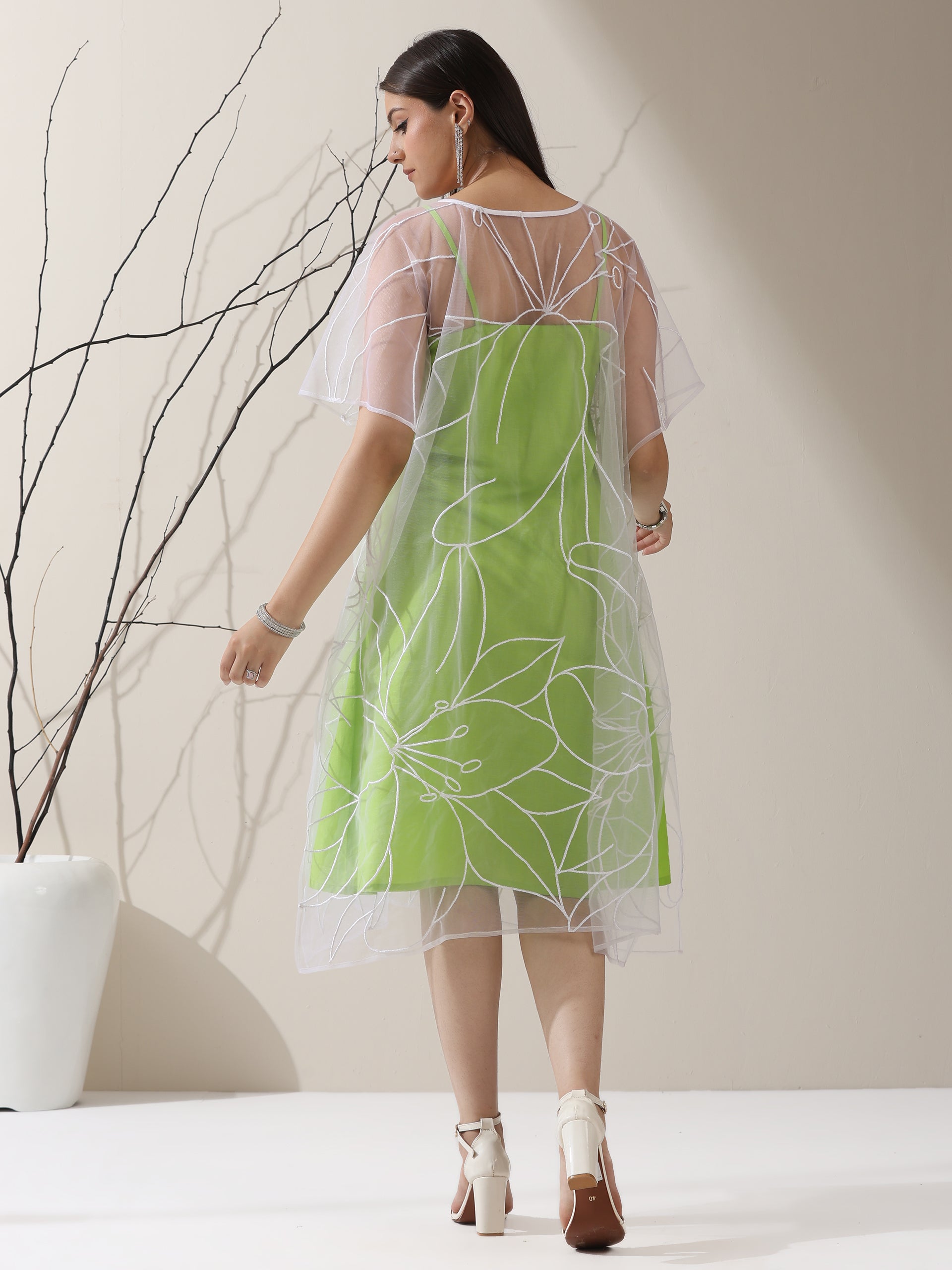 Women’s Green Dress Set with Embroidered Net Overlay | 2 Pc Set, Knee-Length, Flared Sleeves, Brunch Wear, Casual, Summer Dress (100% Cotton & Net Fabric)