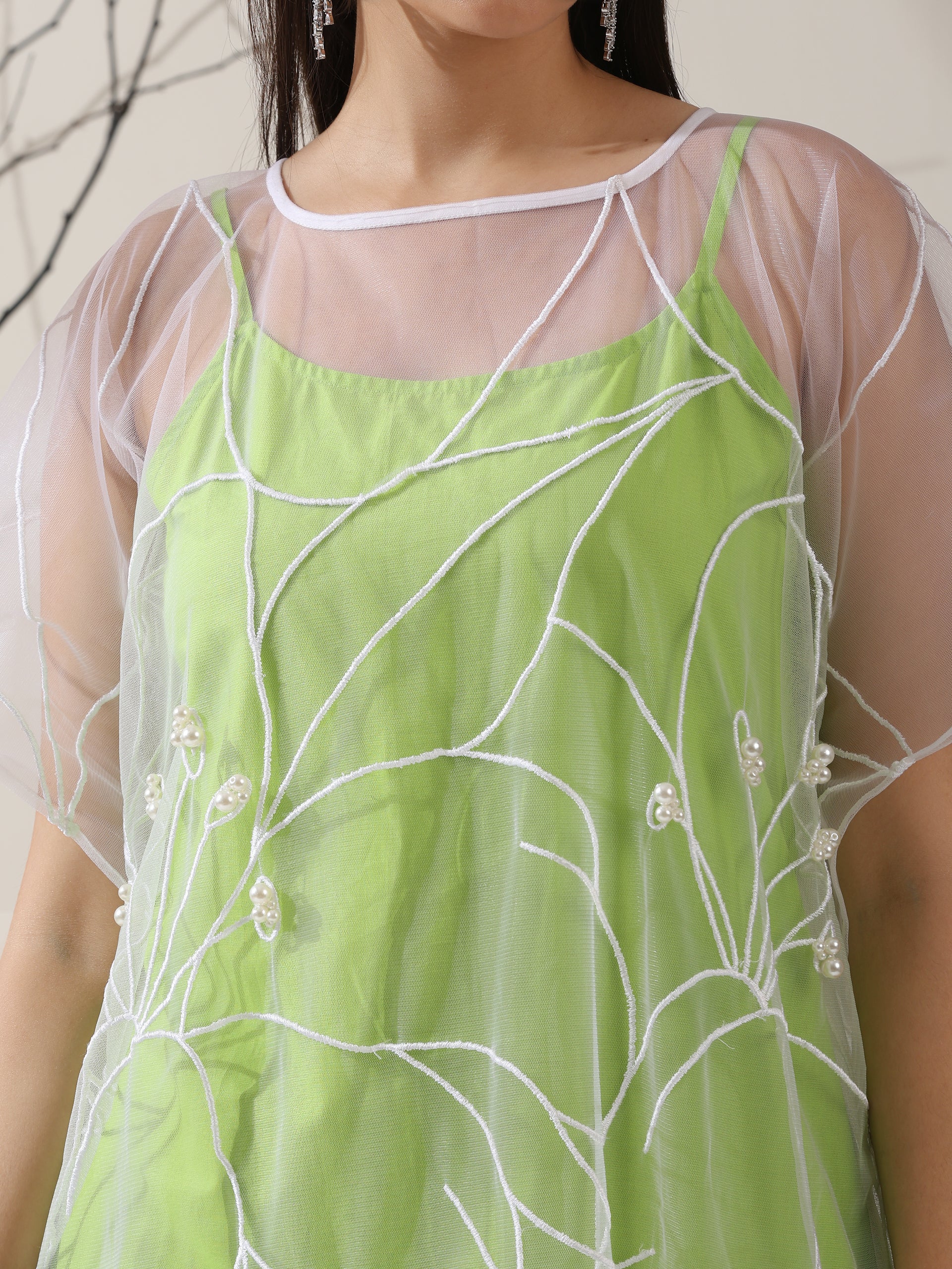 Women’s Green Dress Set with Embroidered Net Overlay | 2 Pc Set, Knee-Length, Flared Sleeves, Brunch Wear, Casual, Summer Dress (100% Cotton & Net Fabric)
