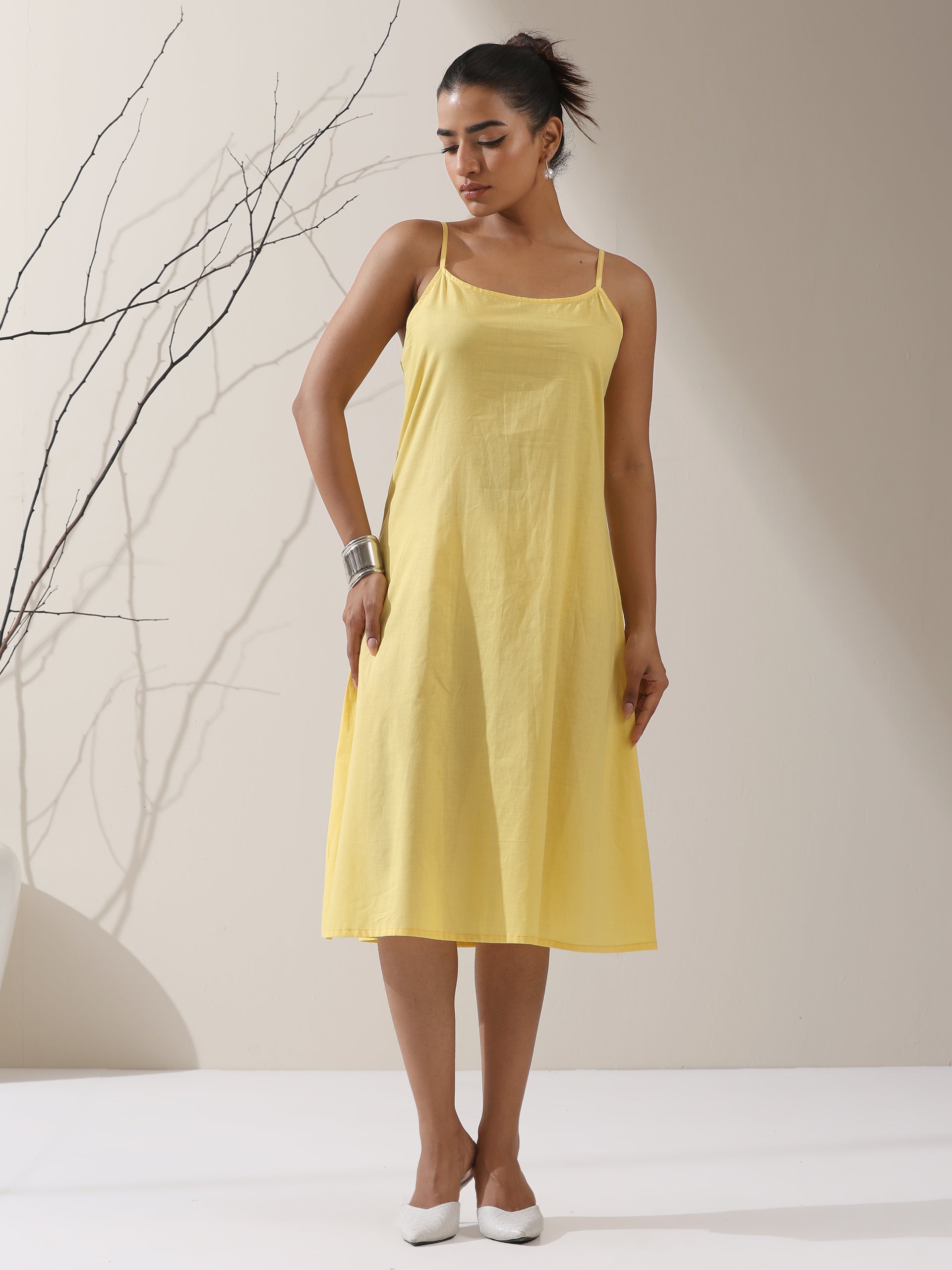 Women’s Yellow Dress Set with Embroidered Net Overlay | 2 Pc Set, Knee-Length, Flared Sleeves, Brunch Wear, Casual, Summer Dress (100% Cotton & Net Fabric)