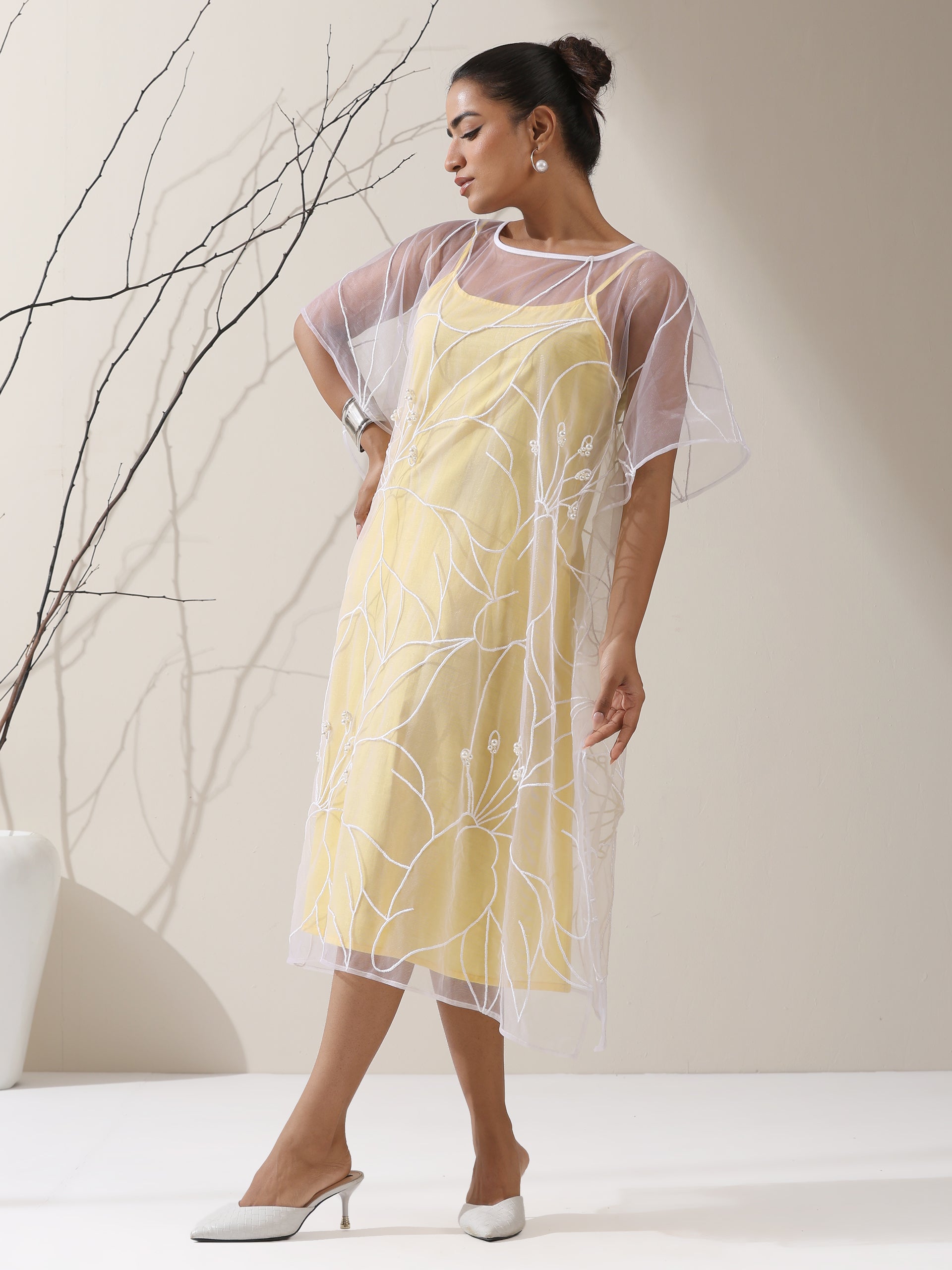Women’s Yellow Dress Set with Embroidered Net Overlay | 2 Pc Set, Knee-Length, Flared Sleeves, Brunch Wear, Casual, Summer Dress (100% Cotton & Net Fabric)