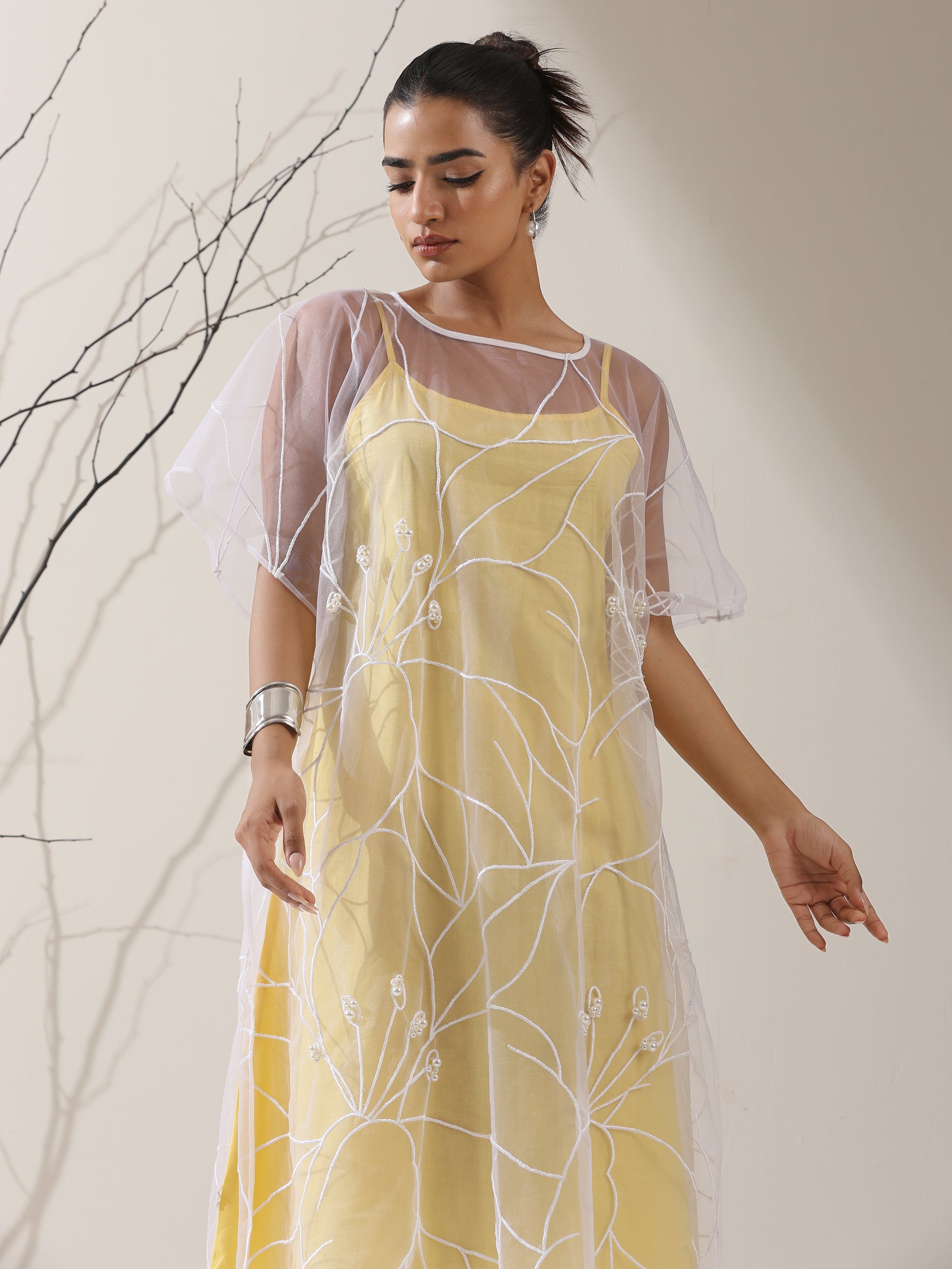 Women’s Yellow Dress Set with Embroidered Net Overlay | 2 Pc Set, Knee-Length, Flared Sleeves, Brunch Wear, Casual, Summer Dress (100% Cotton & Net Fabric)