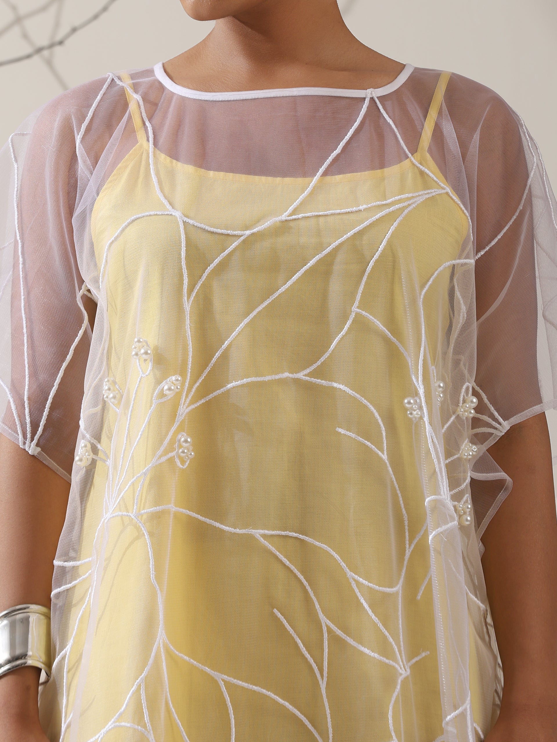 Women’s Yellow Dress Set with Embroidered Net Overlay | 2 Pc Set, Knee-Length, Flared Sleeves, Brunch Wear, Casual, Summer Dress (100% Cotton & Net Fabric)