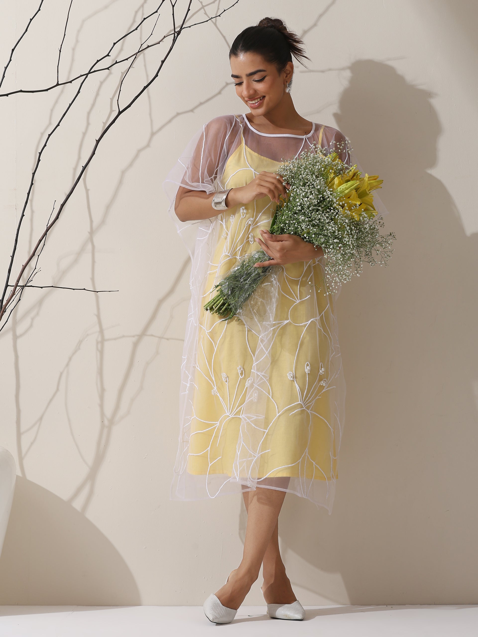 Women’s Yellow Dress Set with Embroidered Net Overlay | 2 Pc Set, Knee-Length, Flared Sleeves, Brunch Wear, Casual, Summer Dress (100% Cotton & Net Fabric)