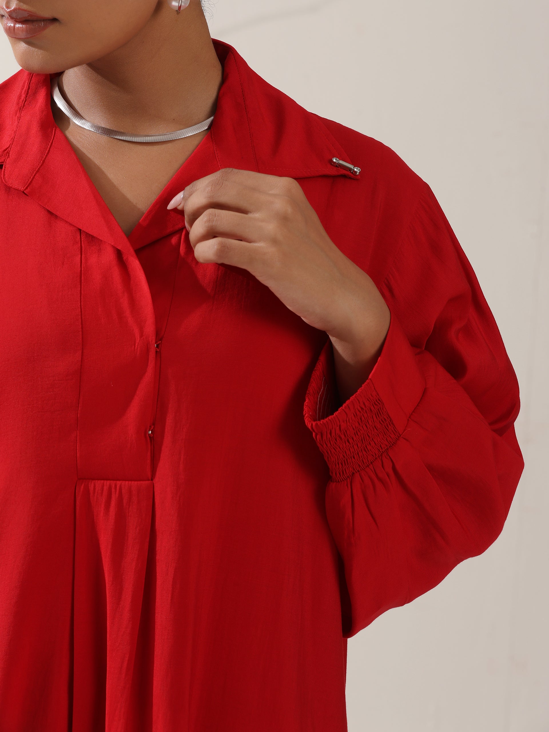 Women's Red AirSkin Oversized Dress Shirt with Adjustable Sleeves & Striped Pants | 2 Pc Set, Relaxed Fit Co-ord, Bold & Breezy Fusion Wear