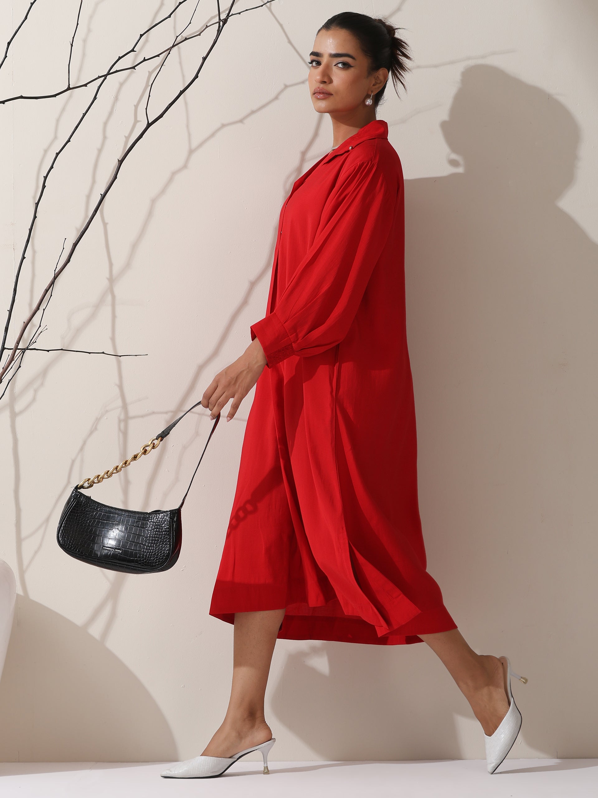 Women's Red AirSkin Oversized Dress Shirt with Adjustable Sleeves | 1 Pc, Breezy & Bold, Relaxed Contemporary Wear