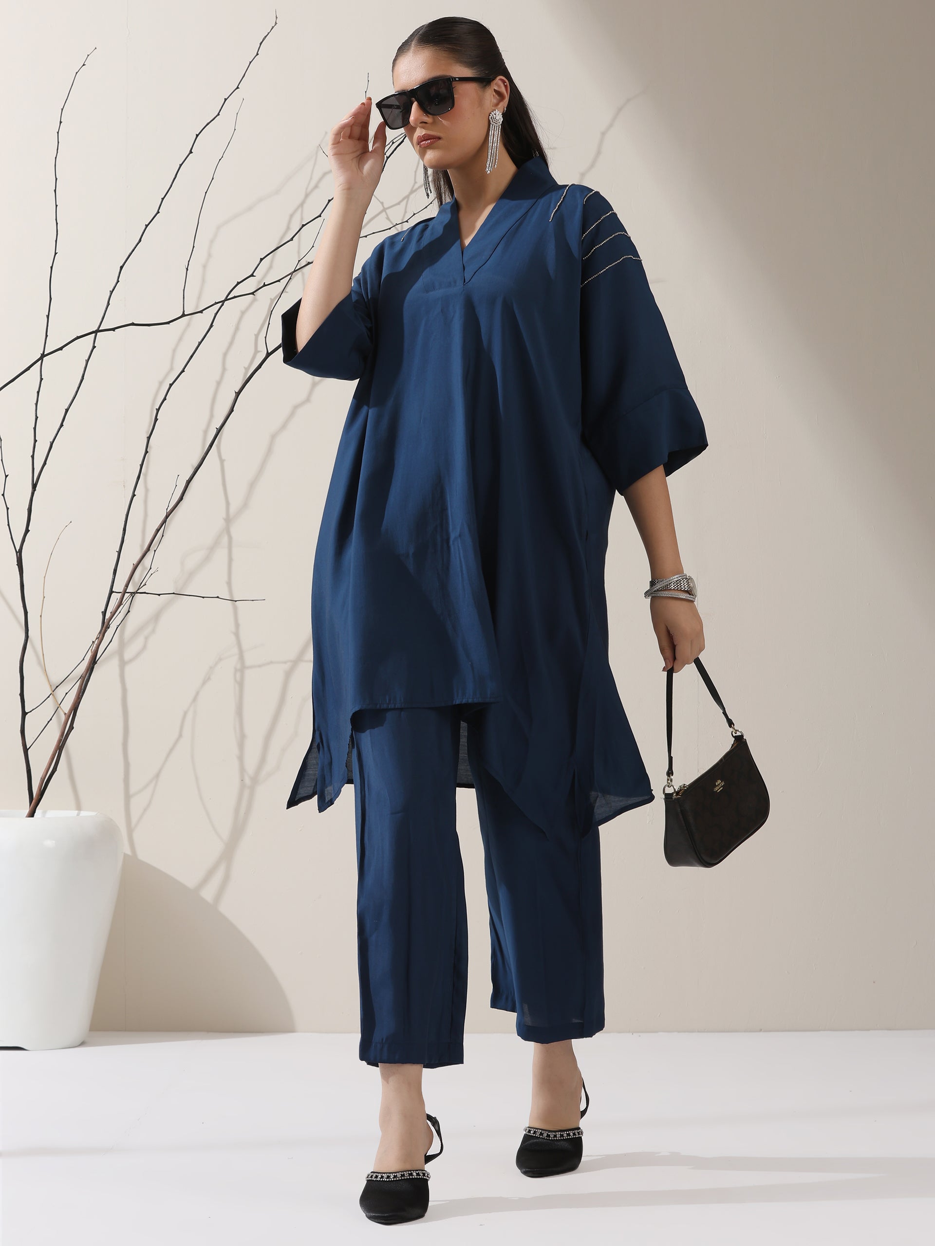 2-Piece Navy Blue AirSkin Kurta Set for Women – Japanese-Inspired Design with Beaded Shoulder Detail & Matching Pants