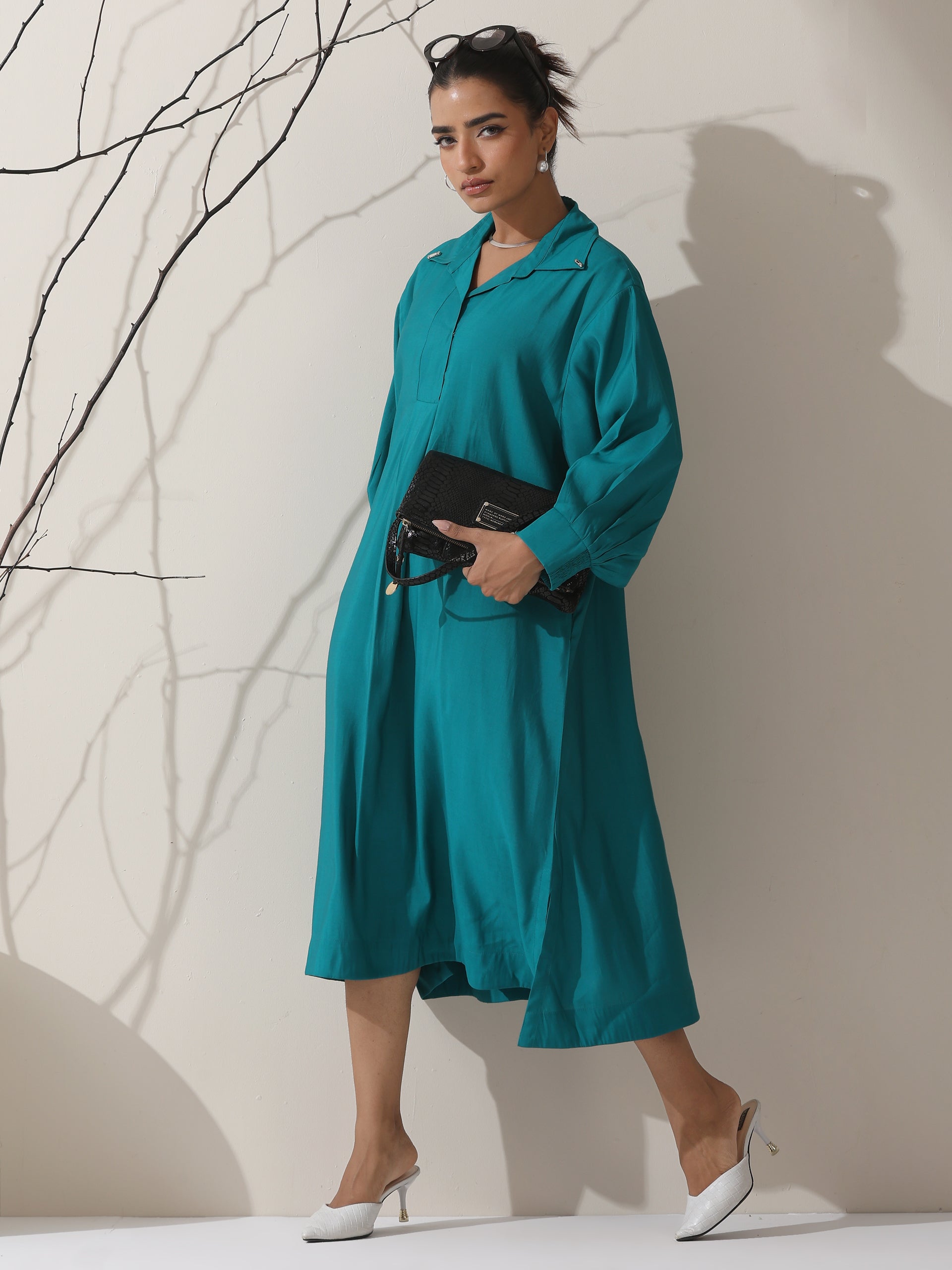 Women's Teal AirSkin Oversized Dress Shirt with Adjustable Sleeves | 1 Pc, Lightweight & Relaxed Fit, Modern Everyday Wear