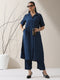 Women's Navy AirSkin Kurta with Pointed Collar, Roll-Up Sleeves & Pants | 2 Pc Set, Lightweight Ethnic Co-ord, Modern Wear