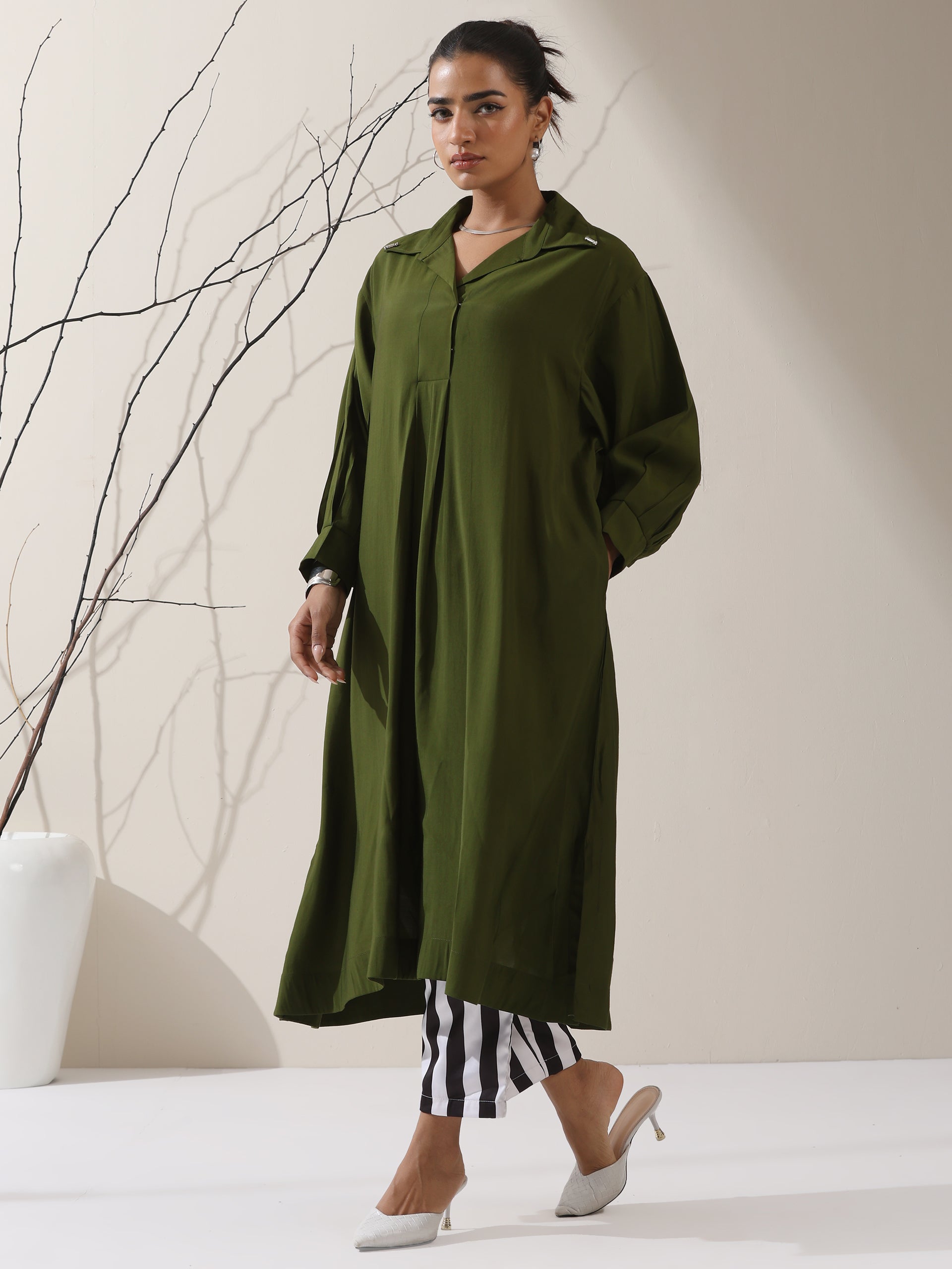 Women's Olive AirSkin Oversized Dress Shirt with Adjustable Sleeves & Striped Pants | 2 Pc Set, Relaxed Co-ord, Contemporary Fusion Wear