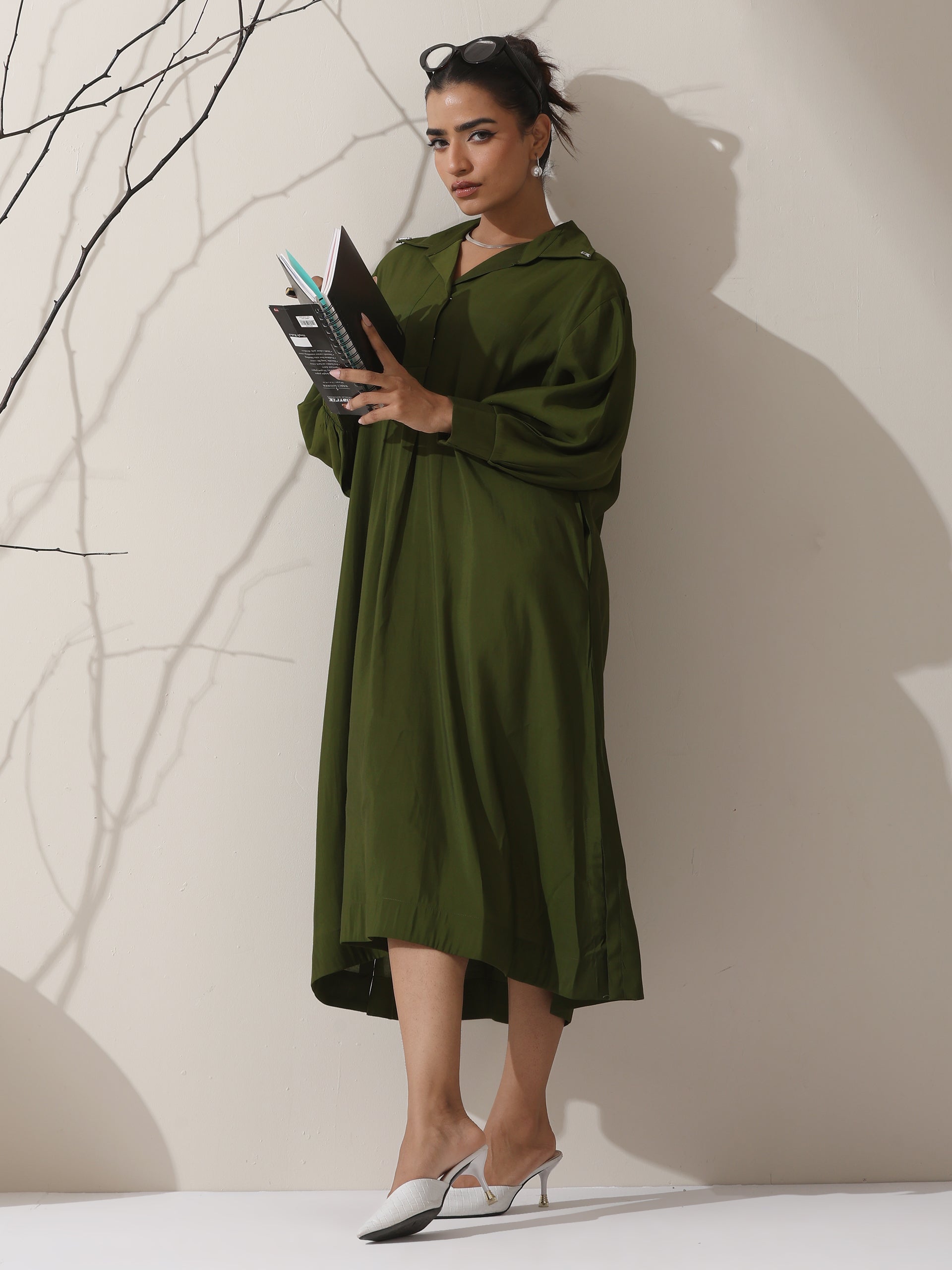 Women's Olive AirSkin Oversized Dress Shirt with Adjustable Sleeves | 1 Pc, Soft & Relaxed Fit, Effortless Everyday Wear