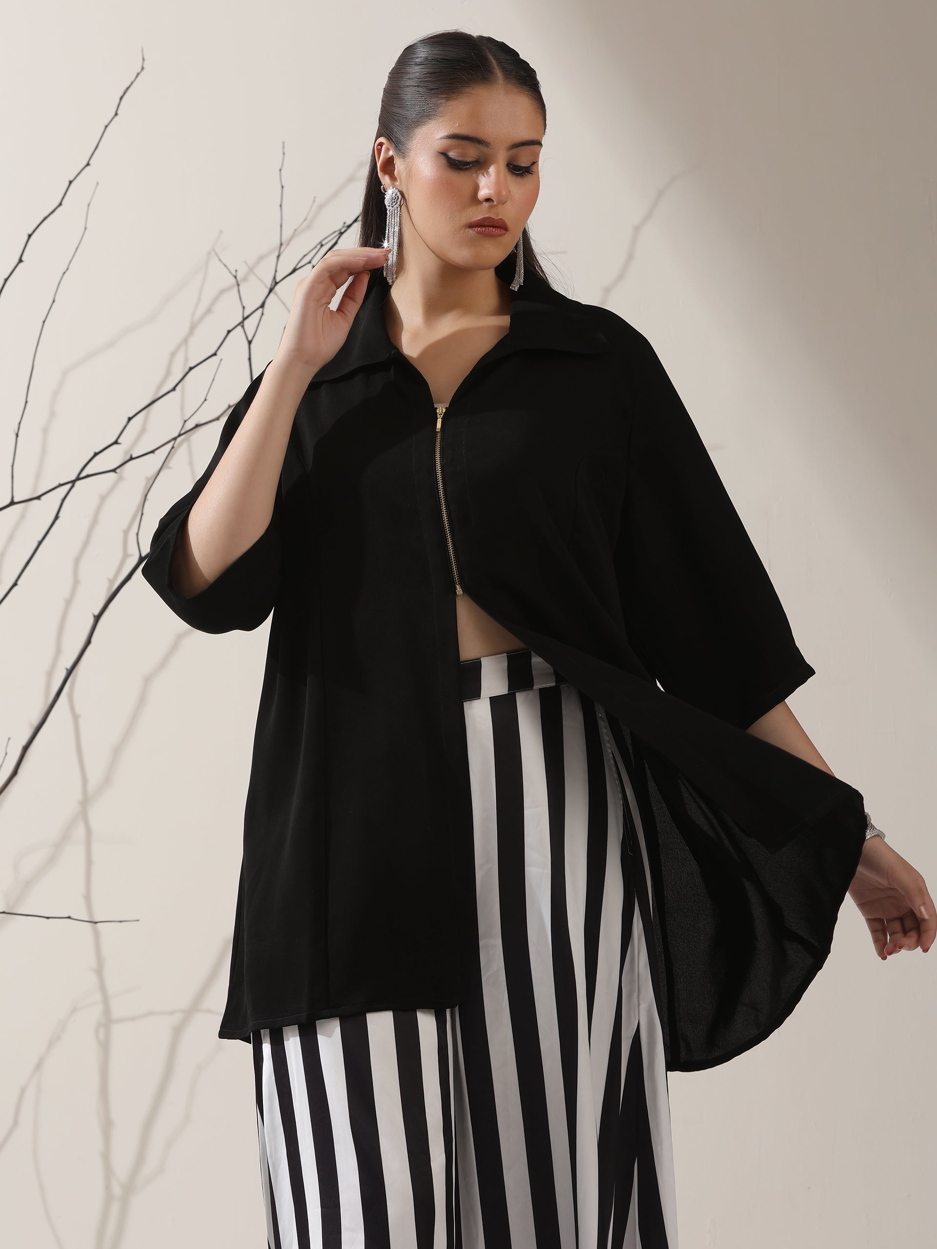 Women's Black Korean Style Zip Shirt | 1 Pc, Modern Co-ord, Sleek Contemporary Wear