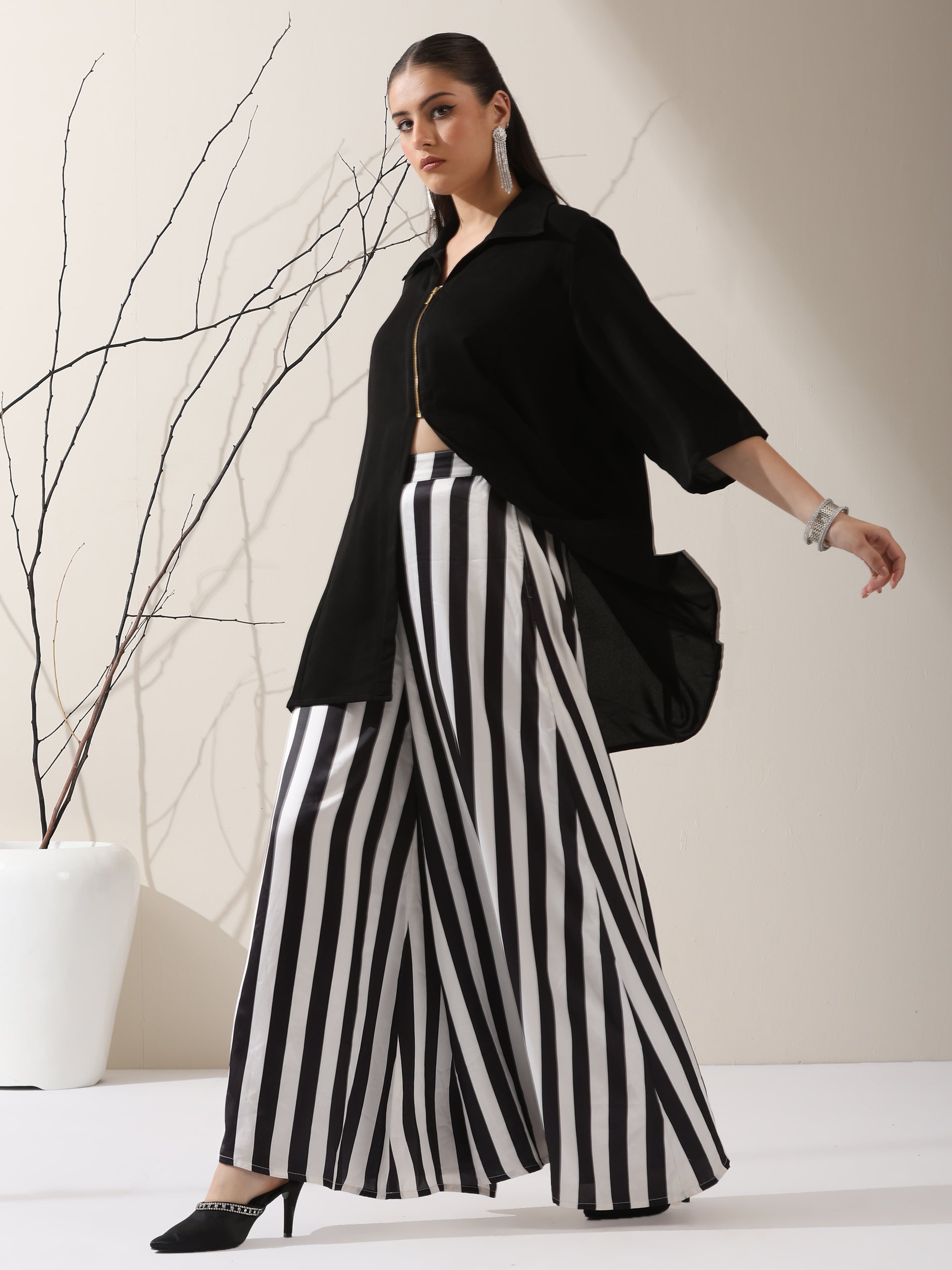 Women's Black Korean Style Zip Shirt | 1 Pc, Modern Co-ord, Sleek Contemporary Wear