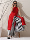 Women's Red AirSkin Halter Top with Black Beads & Printed Striped Palazzo | 2 Pc Set, Bold Fusion Co-ord, Lightweight Summer Wear