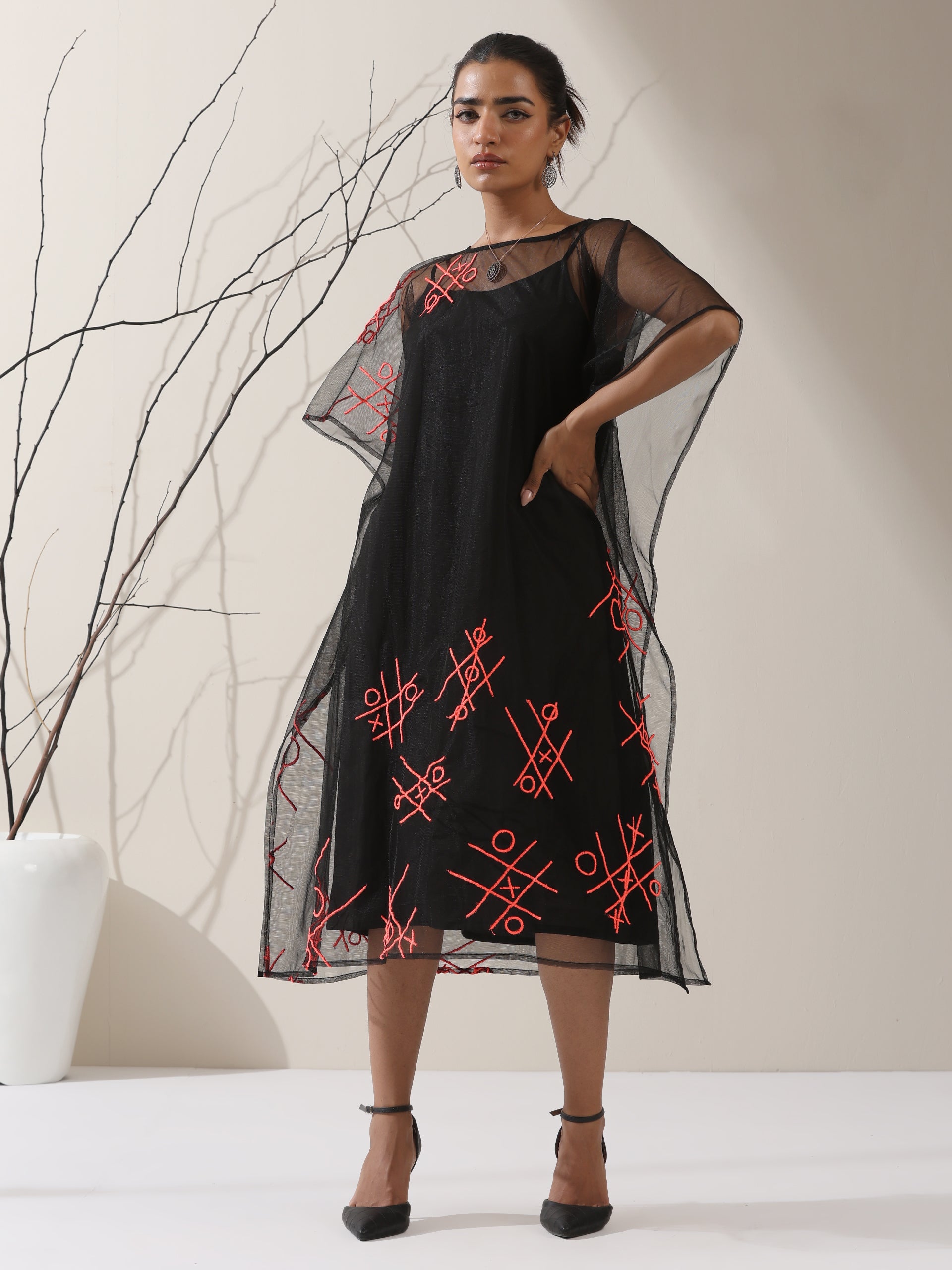 Women's Black Embroidered Net Overlay with Black Dress | 2 Pc Set, Noughts & Crosses Design, Elegant Layered Look