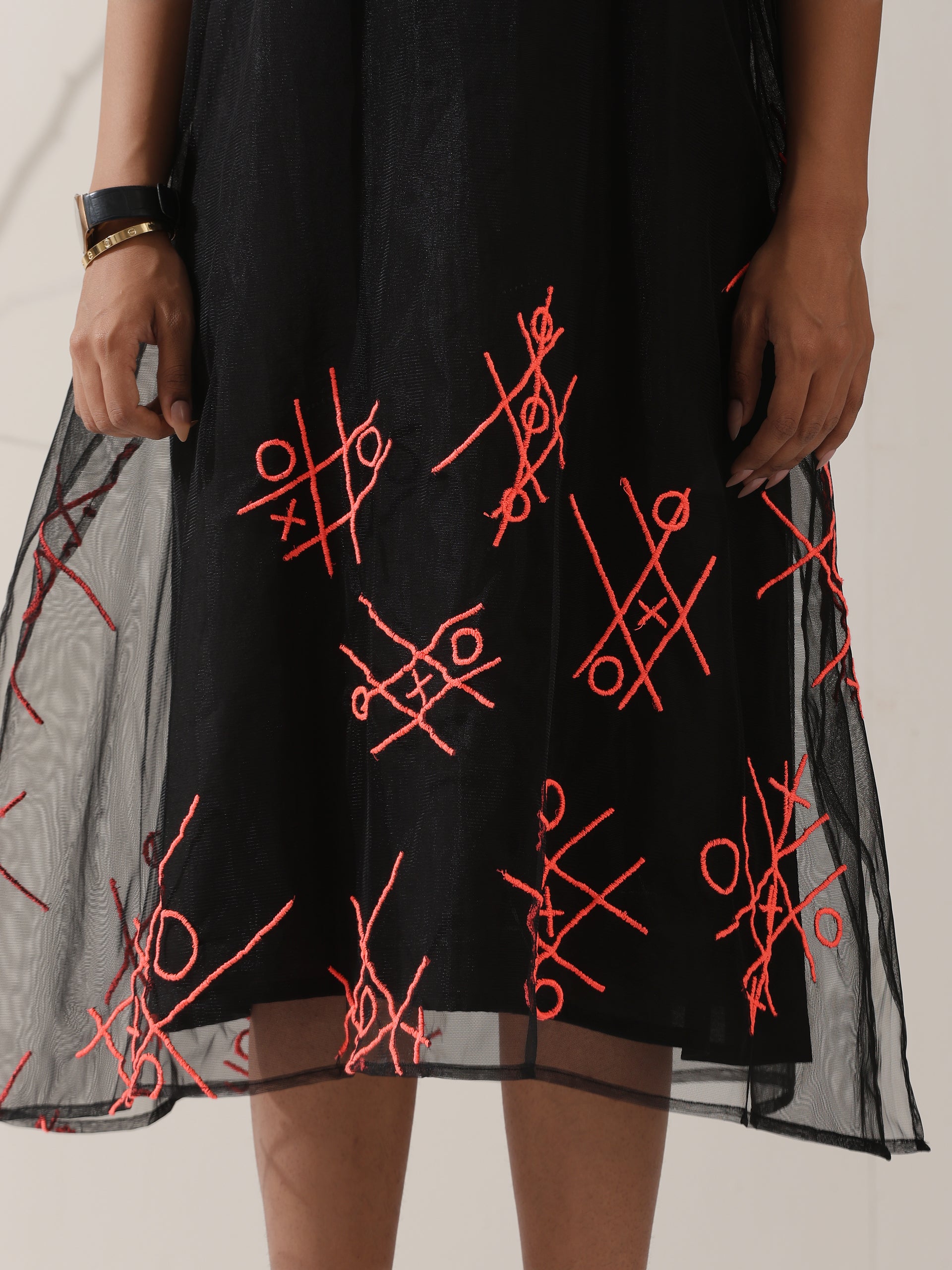Women's Black Embroidered Net Overlay with Black Dress | 2 Pc Set, Noughts & Crosses Design, Elegant Layered Look