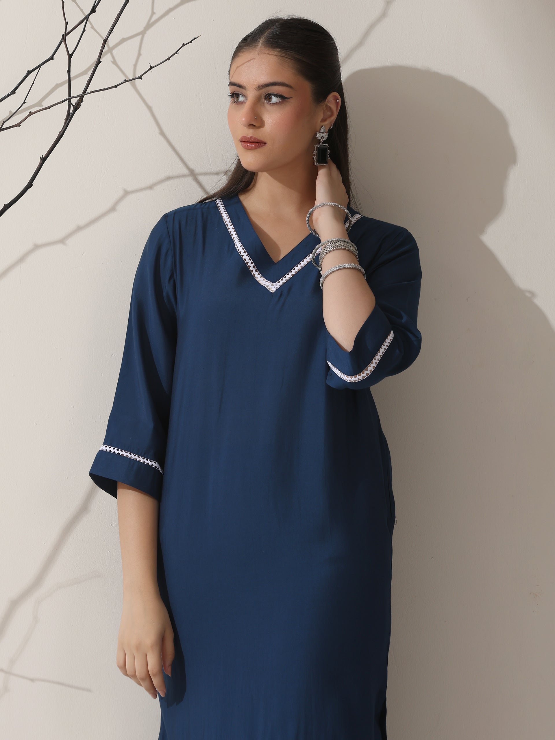 Women's Navy AirSkin V-Neck Kurta with Lace Insets & Pants | 2 Pc Set, Soft & Elegant Ethnic Co-ord, Comfortable Everyday Wear