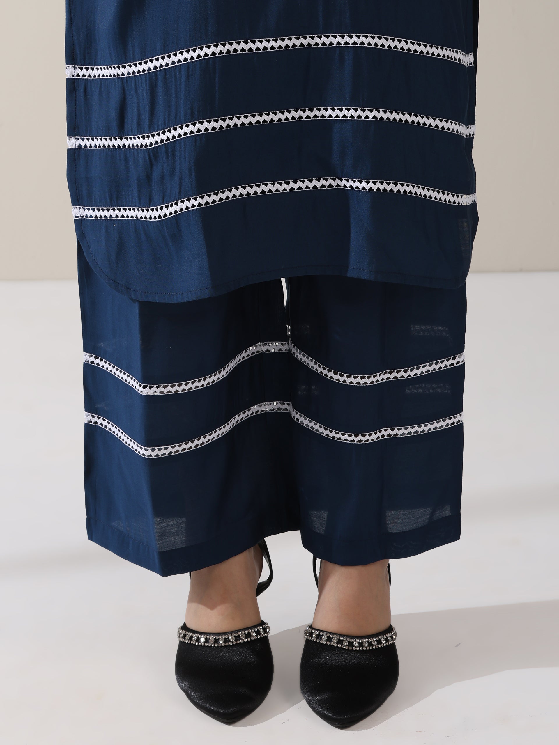 Women's Navy AirSkin V-Neck Kurta with Lace Insets & Pants | 2 Pc Set, Soft & Elegant Ethnic Co-ord, Comfortable Everyday Wear