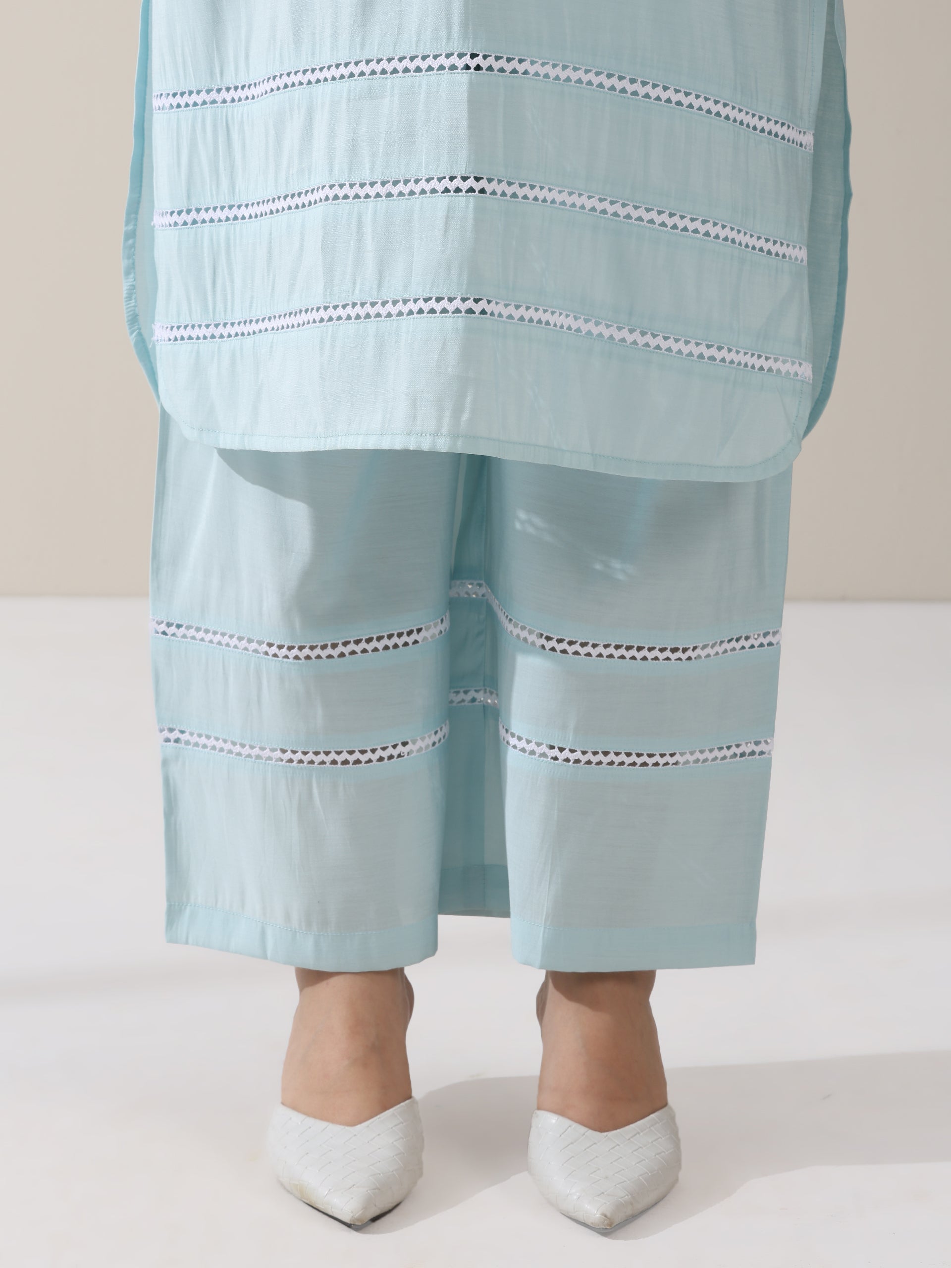 Women's Light Blue AirSkin V-Neck Kurta with Lace Insets & Pants | 2 Pc Set, Soft & Breathable Ethnic Co-ord, Elegant Summer Wear