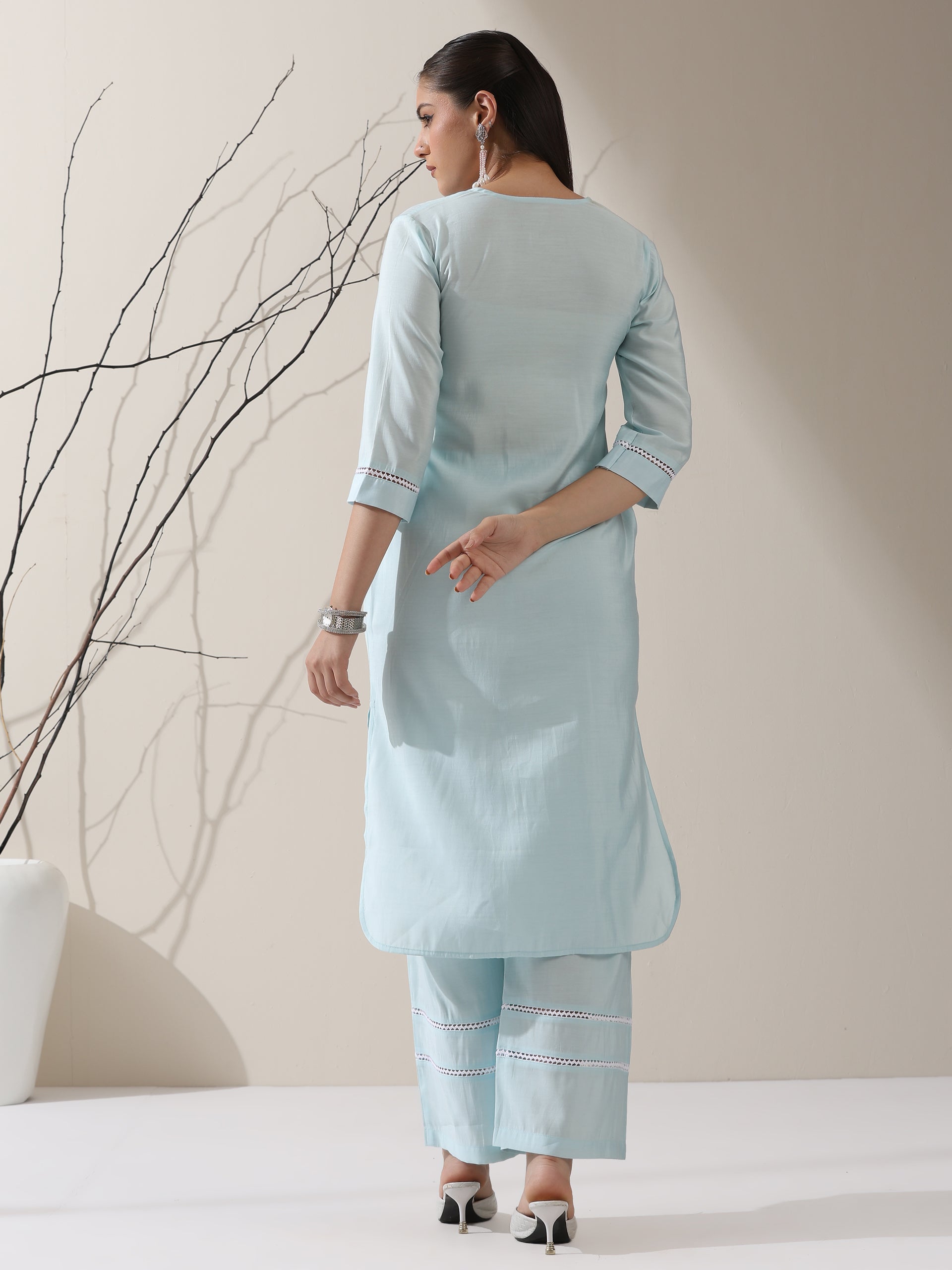 Women's Light Blue AirSkin V-Neck Kurta with Lace Insets & Pants | 2 Pc Set, Soft & Breathable Ethnic Co-ord, Elegant Summer Wear