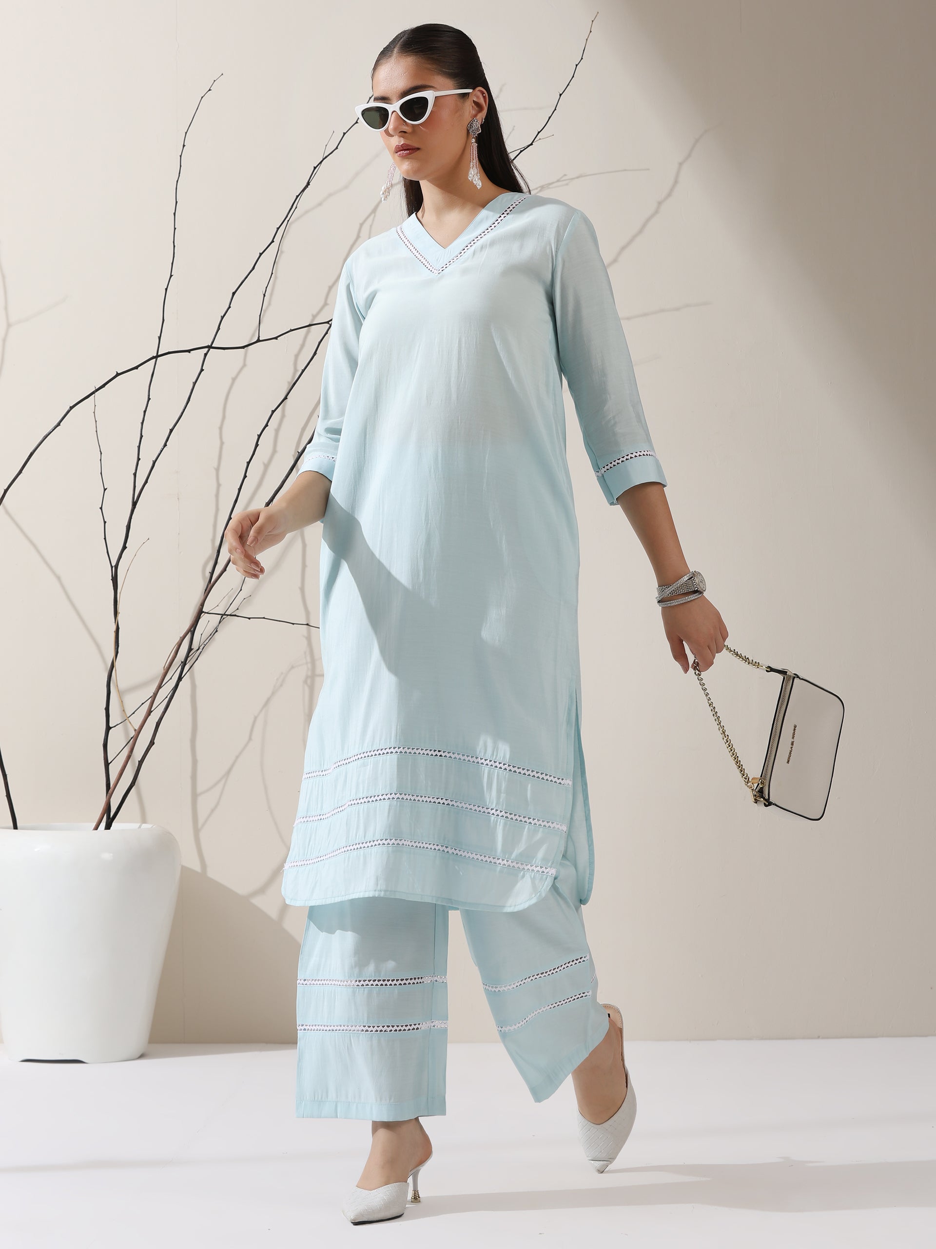 Women's Light Blue AirSkin V-Neck Kurta with Lace Insets & Pants | 2 Pc Set, Soft & Breathable Ethnic Co-ord, Elegant Summer Wear