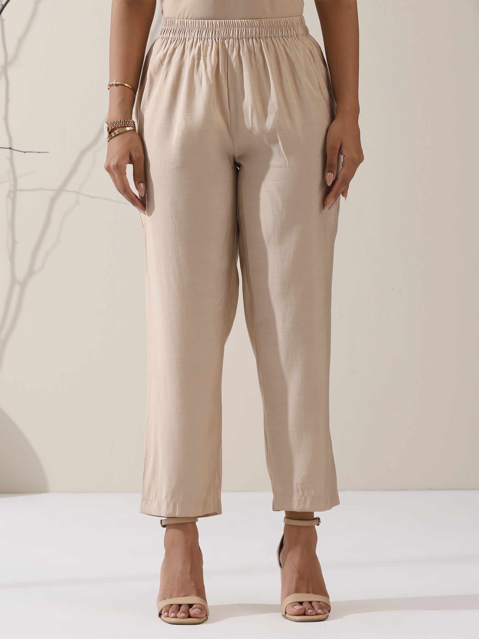Women's Fawn AirSkin Bib Kurta with Lace & Bead Detailing and Pants | 2 Pc Set, Soft Ethnic Co-ord, Elegant Everyday Wear