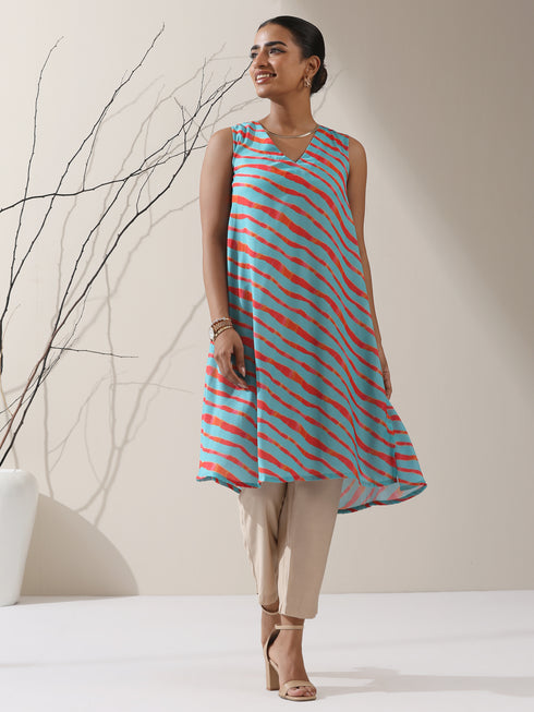 Blue-Orange Printed Satin Kurta Set – 2 Pc A-Line Sleeveless with Pants