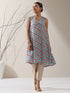 Blue-Orange Printed Satin Kurta Set – 2 Pc A-Line Sleeveless with Pants