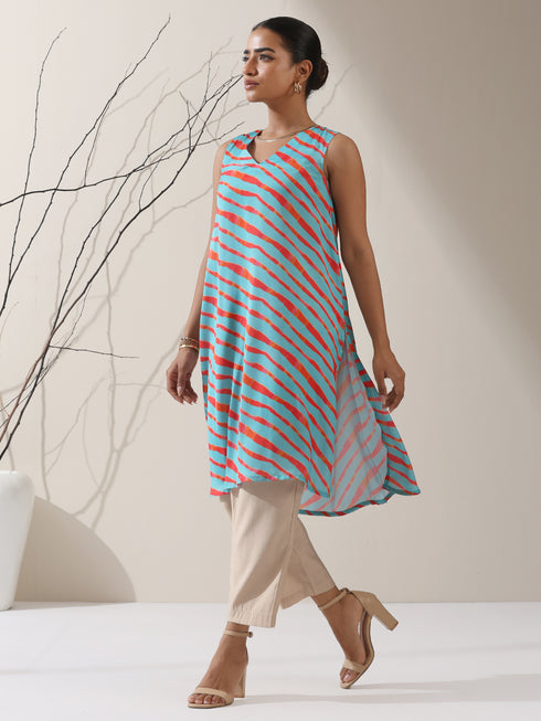 Blue-Orange Printed Satin Kurta Set – 2 Pc A-Line Sleeveless with Pants