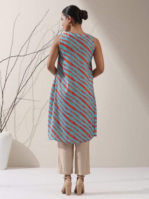 Blue-Orange Printed Satin Kurta Set – 2 Pc A-Line Sleeveless with Pants