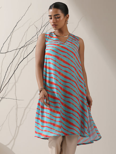 Blue-Orange Printed Satin Kurta Set – 2 Pc A-Line Sleeveless with Pants