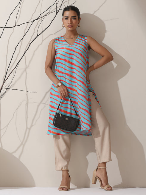 Blue-Orange Printed Satin Kurta Set – 2 Pc A-Line Sleeveless with Pants
