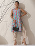 Blue-Orange Printed Satin Kurta Set – 2 Pc A-Line Sleeveless with Pants