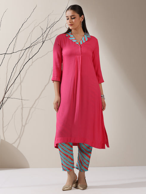 Pink Viscose Kurta Set – 2 Pc with Printed Blue Collar & Pants