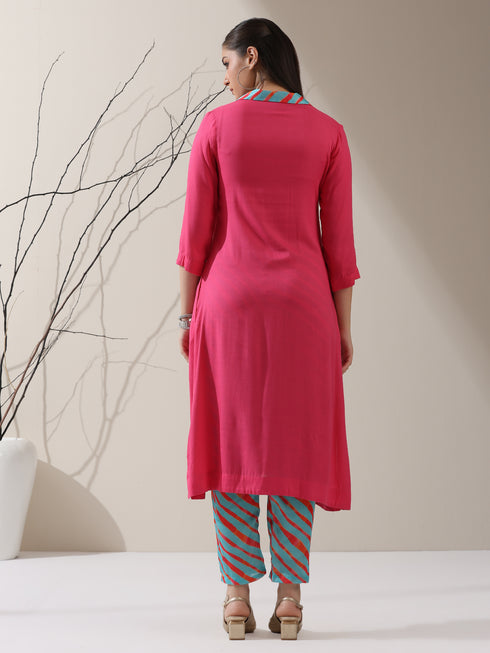 Pink Viscose Kurta Set – 2 Pc with Printed Blue Collar & Pants
