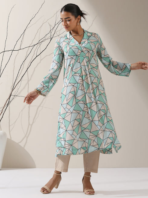 Geometric Print Satin Kurta Set – 2 Pc with Collar & AirSkin™ Pants