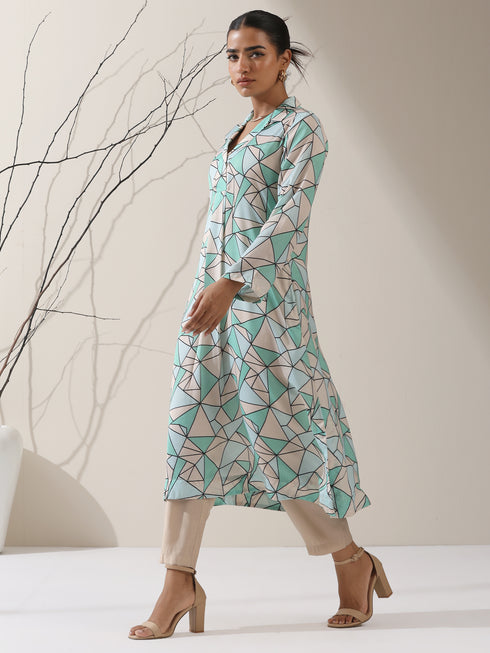 Geometric Print Satin Kurta Set – 2 Pc with Collar & AirSkin™ Pants