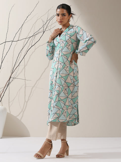 Geometric Print Satin Kurta Set – 2 Pc with Collar & AirSkin™ Pants