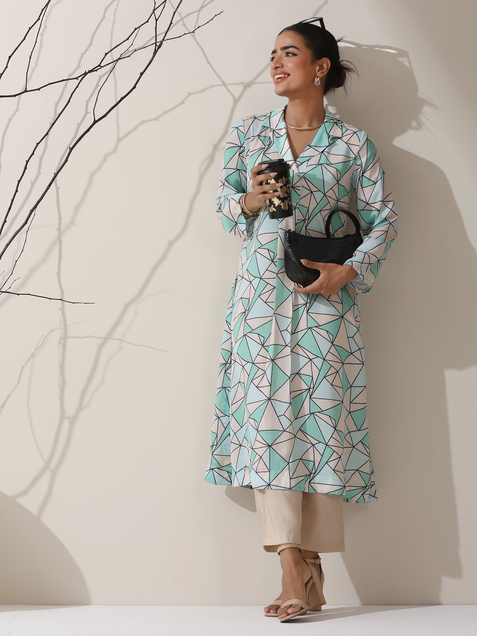 Geometric Print Satin Kurta Set – 2 Pc with Collar & AirSkin™ Pants