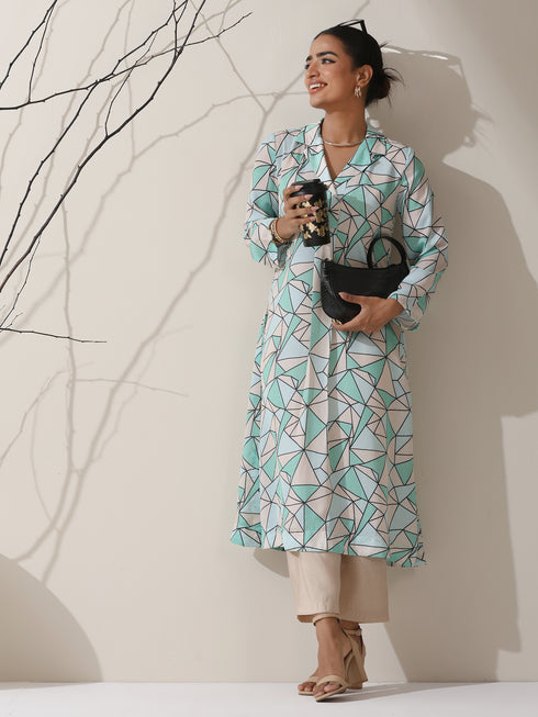 Geometric Print Satin Kurta Set – 2 Pc with Collar & AirSkin™ Pants