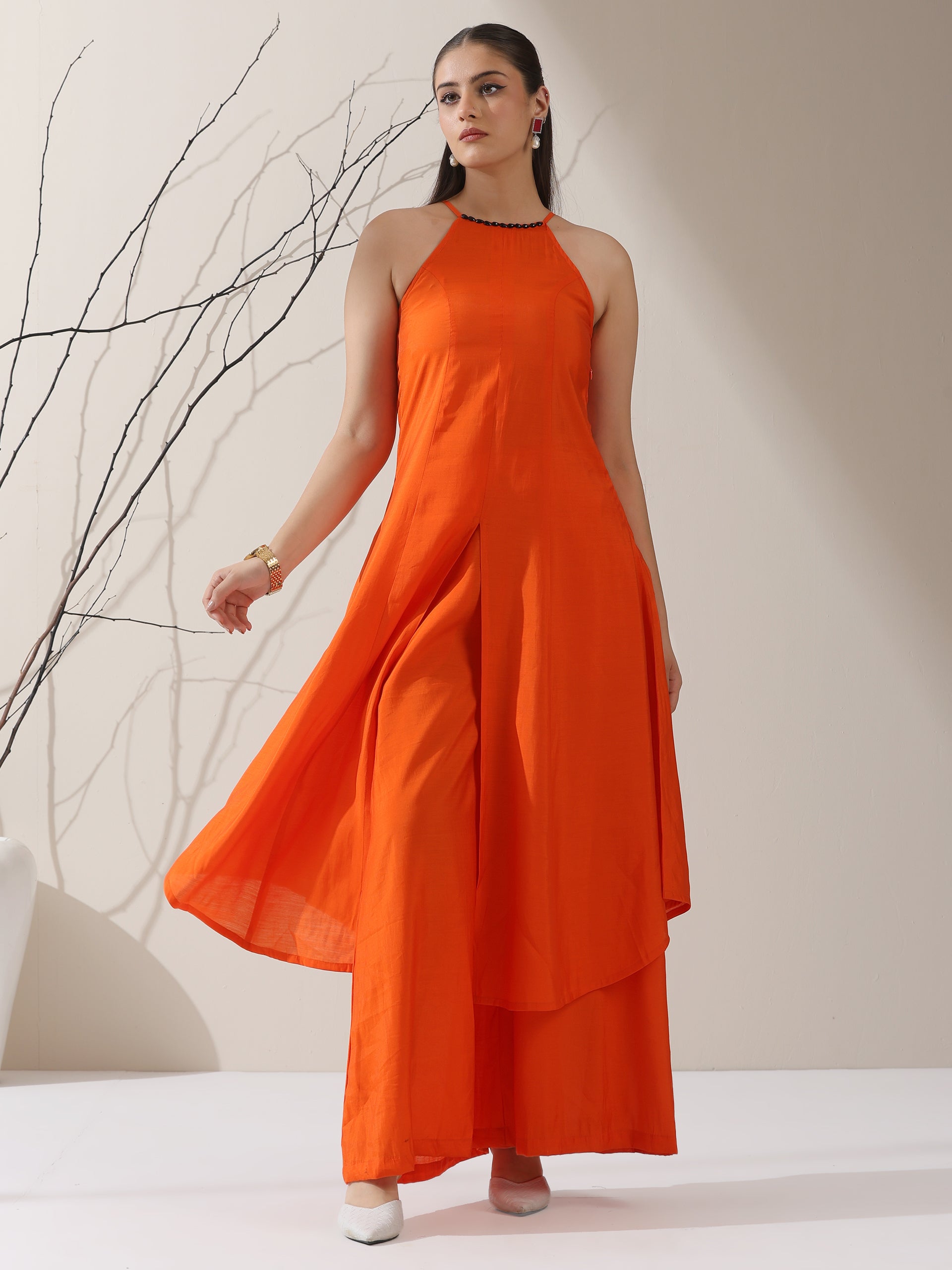 Women's Orange AirSkin Halter Kurta with Black Bead Detailing & Palazzo | 2 Pc Set, Breezy Ethnic Co-ord, Bold Festive Wear