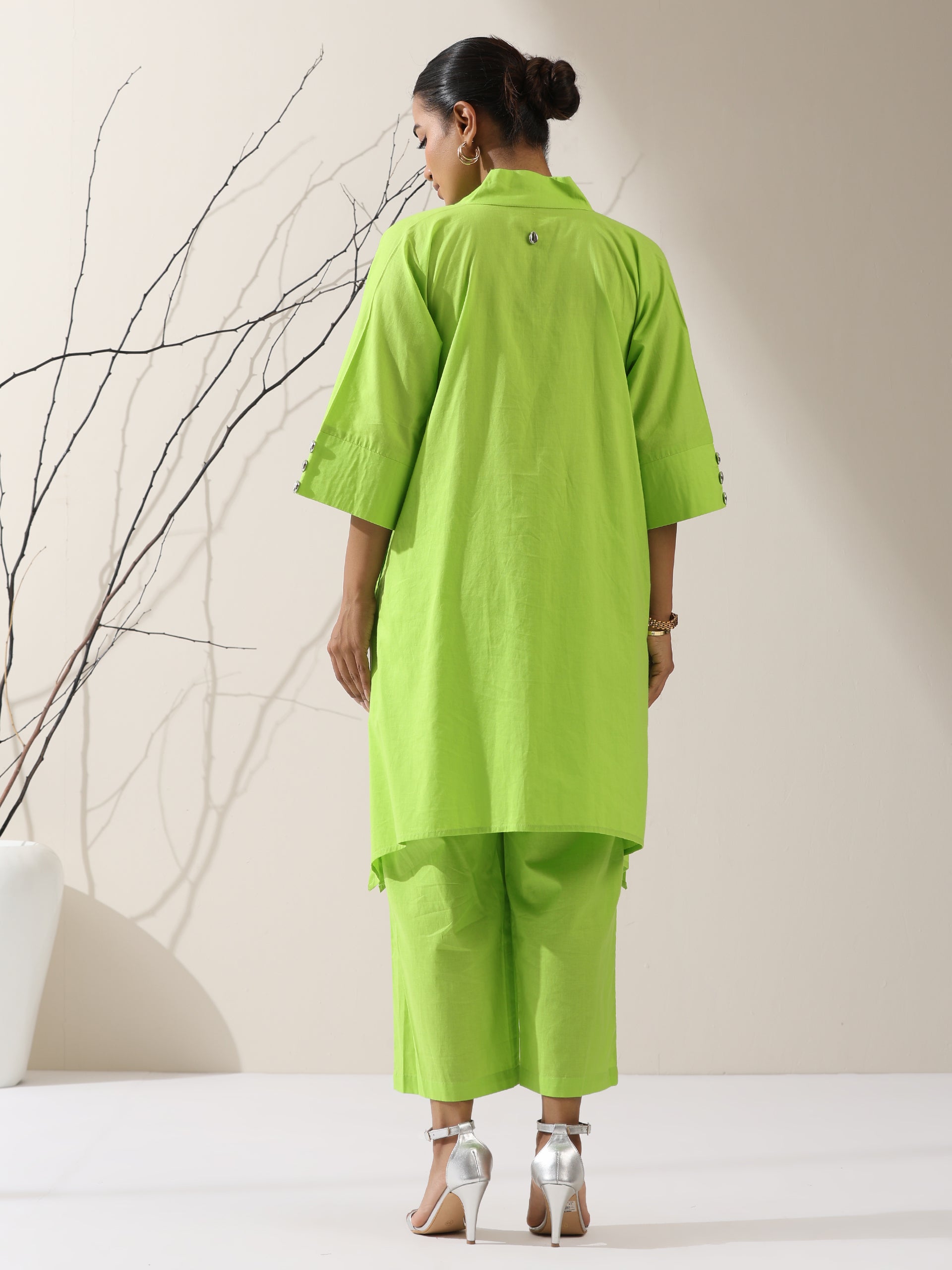 2-Piece Sinful Green Kurta Set for Women – Japanese-Inspired Design with Silver Beads & Matching Pants | Elegant Ethnic Co-ord