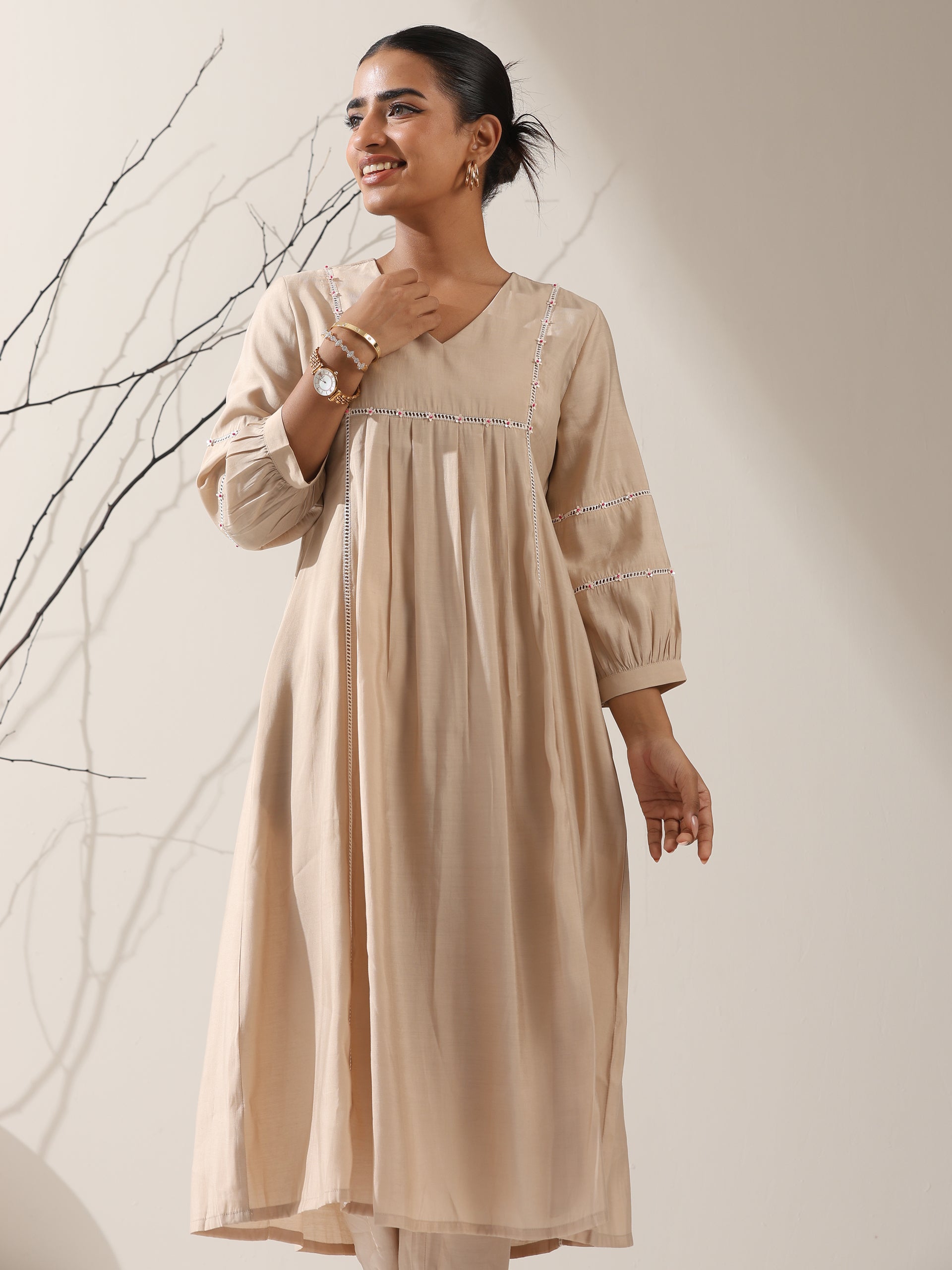 Women's Fawn AirSkin Bib Kurta with Lace & Bead Detailing and Pants | 2 Pc Set, Soft Ethnic Co-ord, Elegant Everyday Wear
