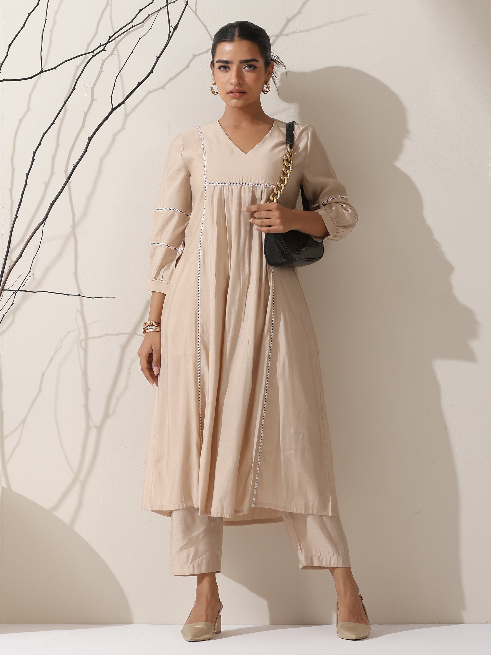 Women's Fawn AirSkin Bib Kurta with Lace & Bead Detailing and Pants | 2 Pc Set, Soft Ethnic Co-ord, Elegant Everyday Wear