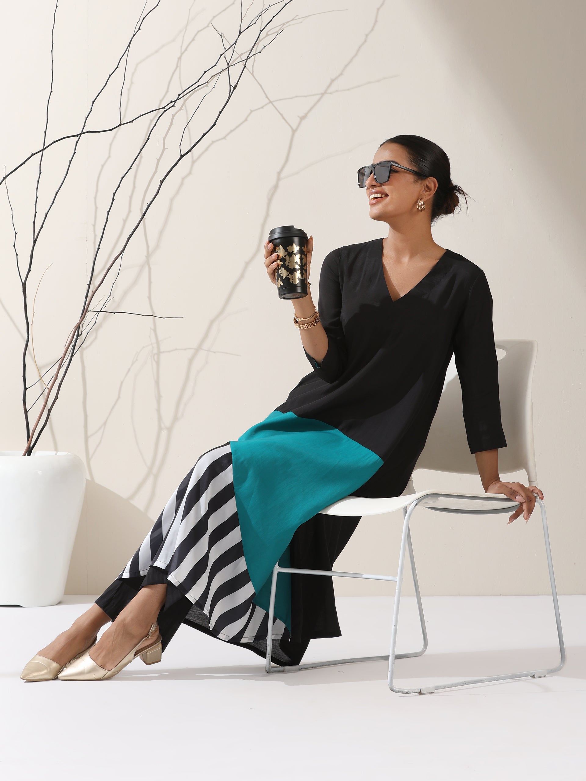Women's Black & Teal Triangle Kurta with Striped Detailing and Pants | 2 Pc Set, Contemporary Ethnic Co-ord