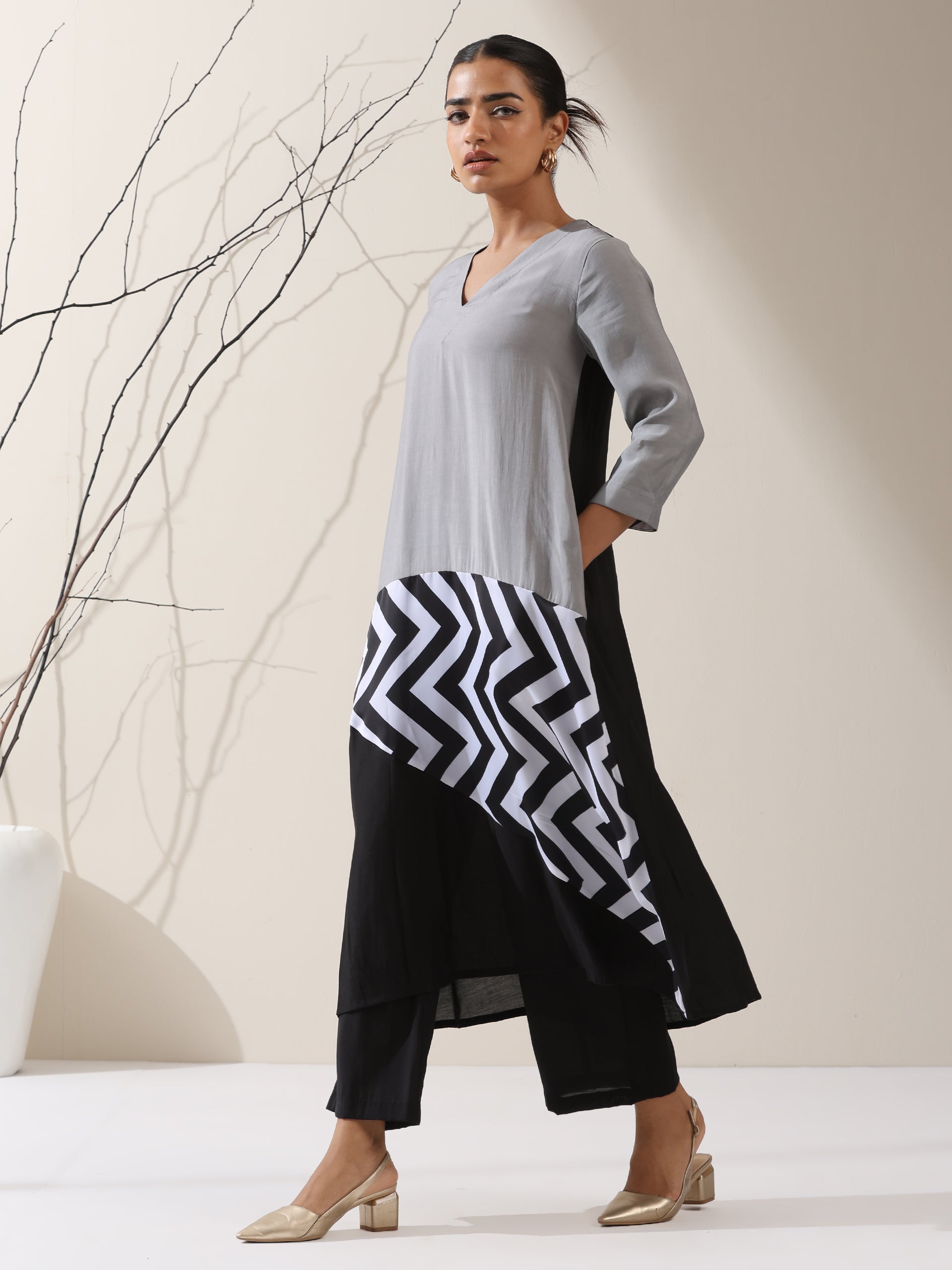 Women's Grey & Black Triangle Kurta with Striped Detailing and Pants | 2 Pc Set, Modern Ethnic Co-ord, Contemporary Color Block Style