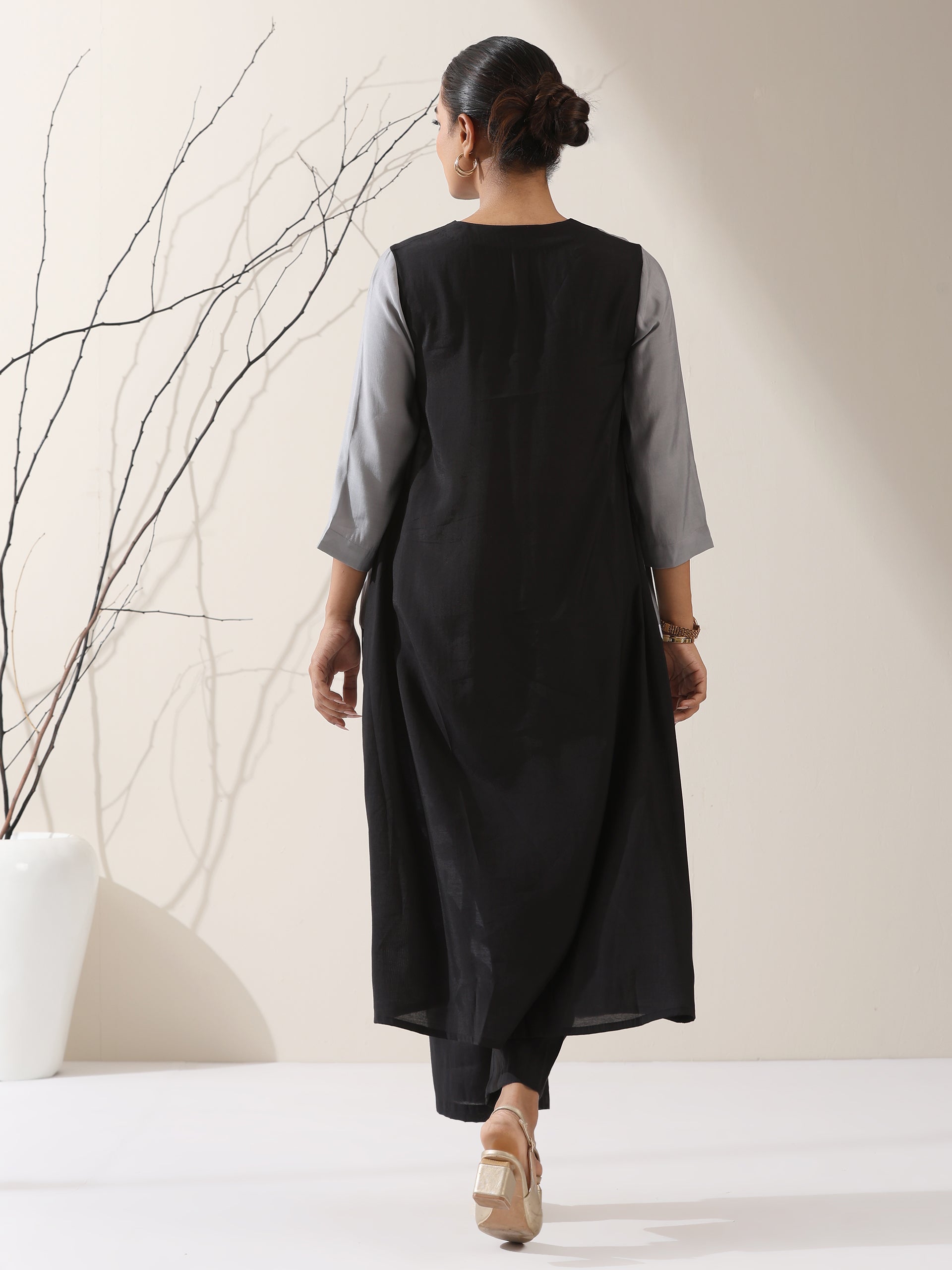 Women's Grey & Black Triangle Kurta with Striped Detailing and Pants | 2 Pc Set, Modern Ethnic Co-ord, Contemporary Color Block Style