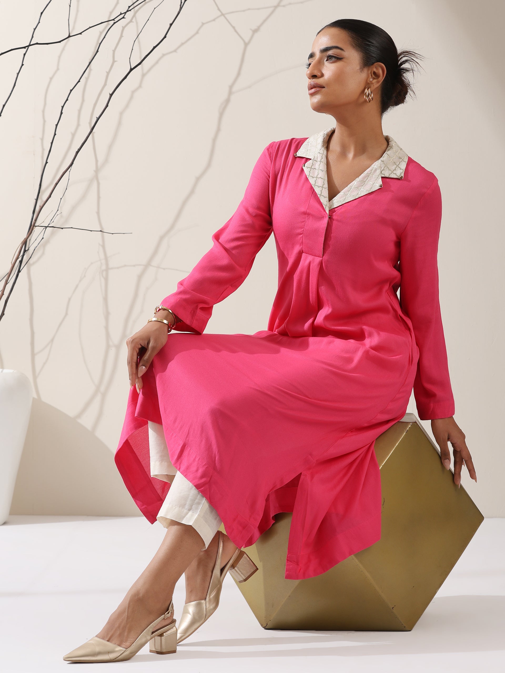 Women's Pink Viscose Kurta with Chanderi Moroccan Collar & Pants | 2 Pc Set, Elegant Ethnic Co-ord, Viscose Top & Chanderi Cotton Bottom