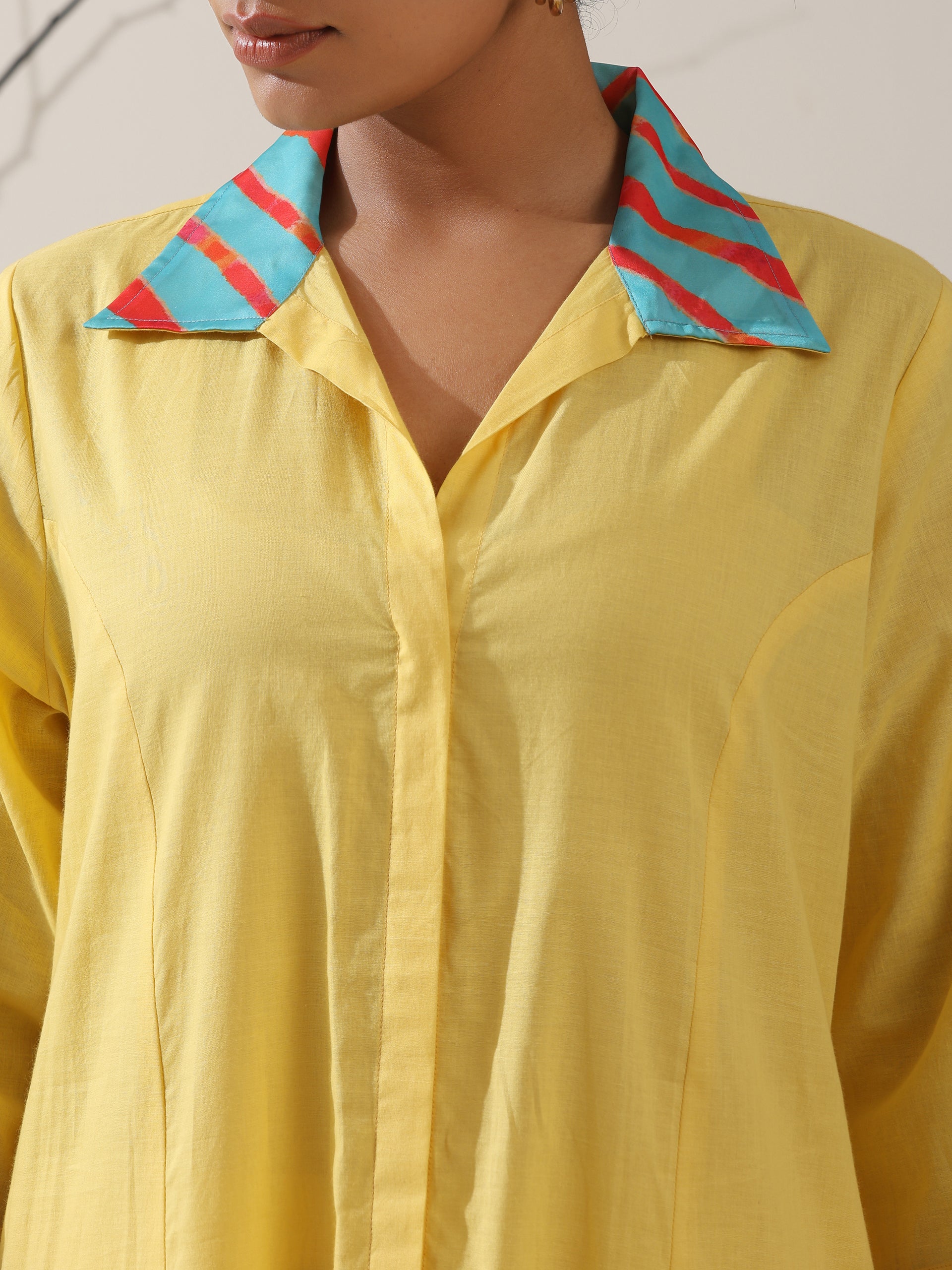 Women's Sun Glow Cotton Paneled Kurta with Printed Collar & Pants | 2 Pc Set, Bright Ethnic Co-ord, Easy & Stylish Daywear